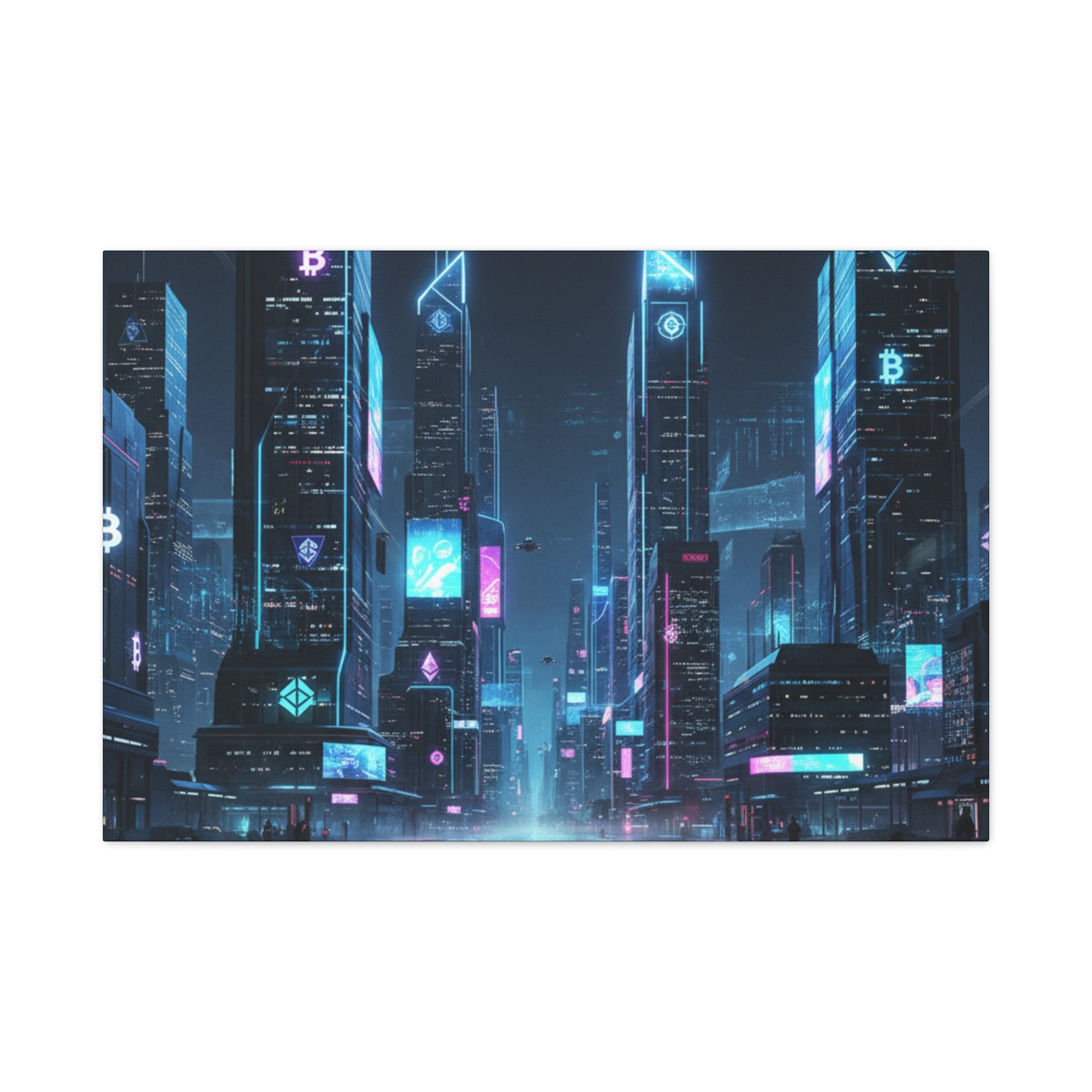 Cyberpunk Crypto Cityscape Canvas Print — Futuristic Neon Skyline Wall Art
