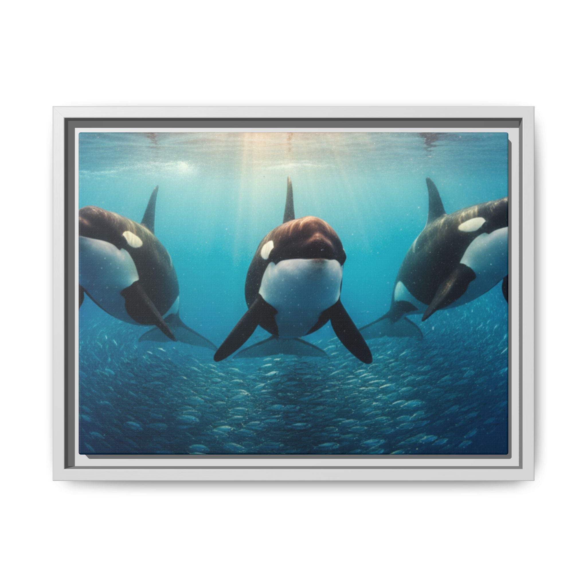 Framed Orca Canvas Print — Underwater Whale Pod Ocean Wall Art
