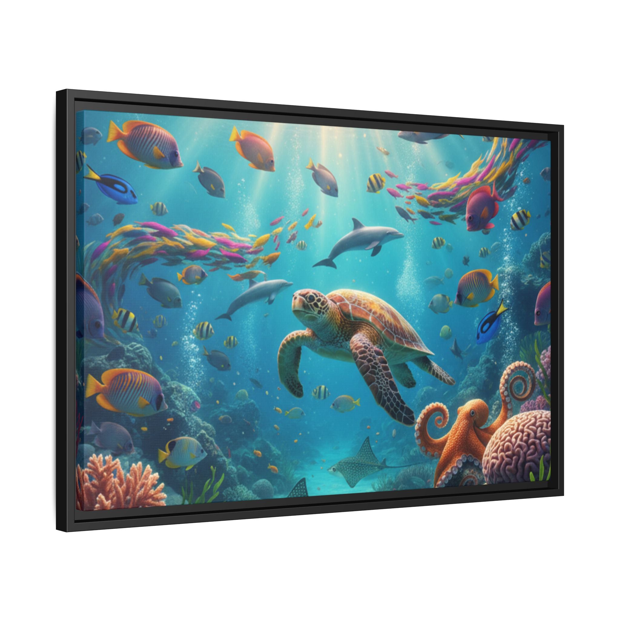 Framed Ocean Life Canvas — Colorful Sea Turtle Wall Art