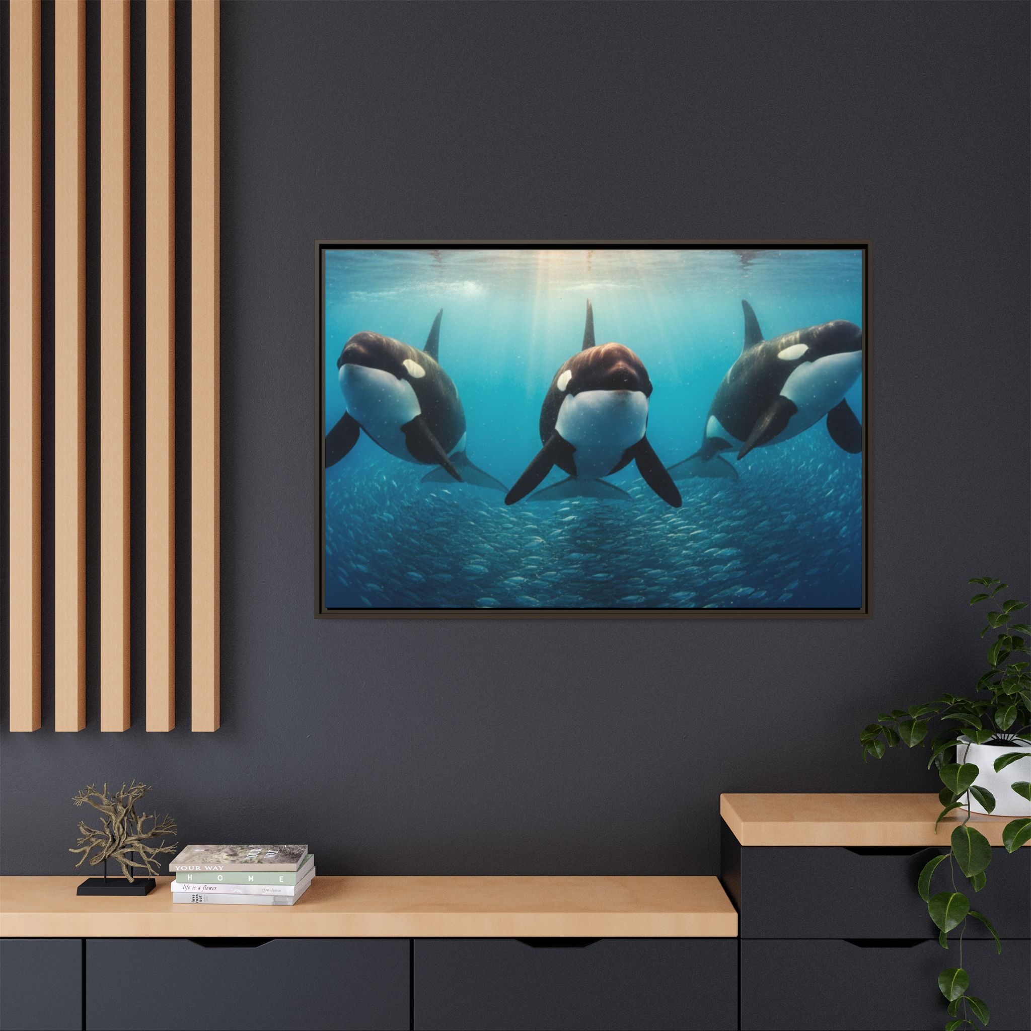 Framed Orca Canvas Print — Underwater Whale Pod Ocean Wall Art