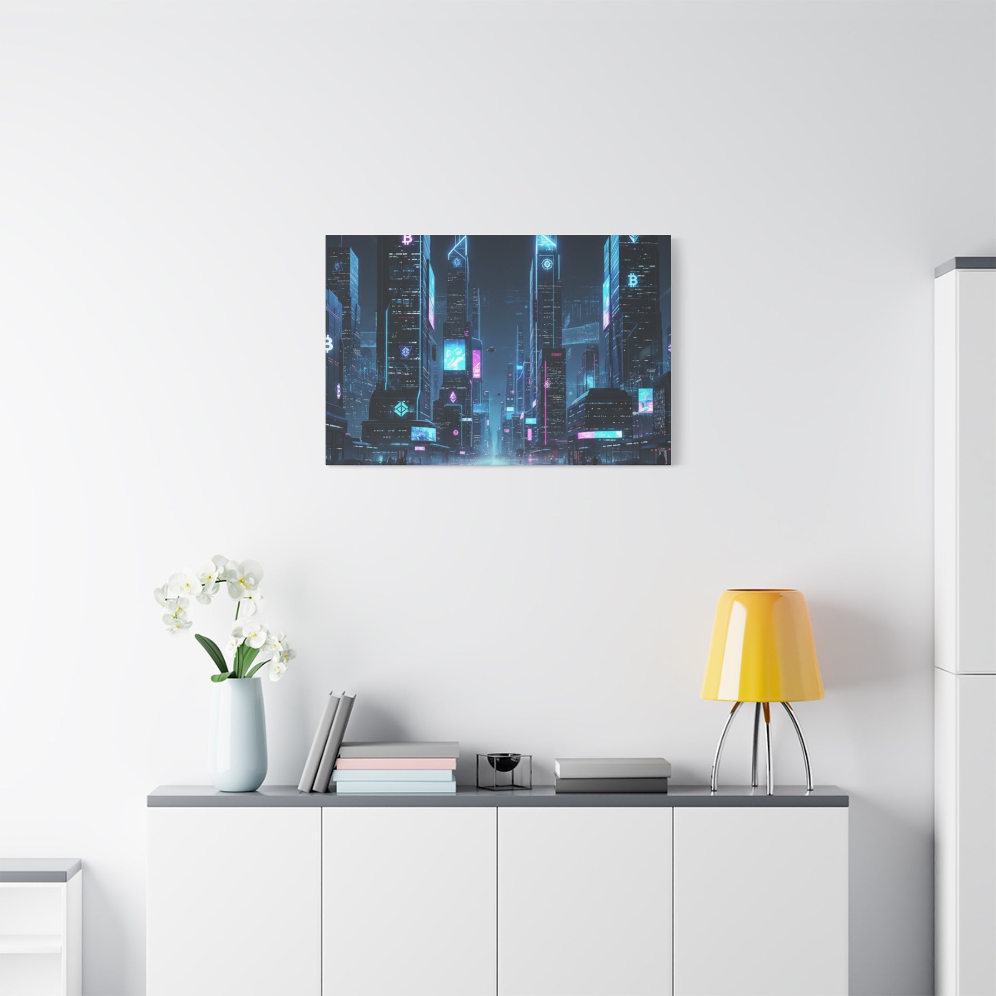 Cyberpunk Crypto Cityscape Canvas Print — Futuristic Neon Skyline Wall Art