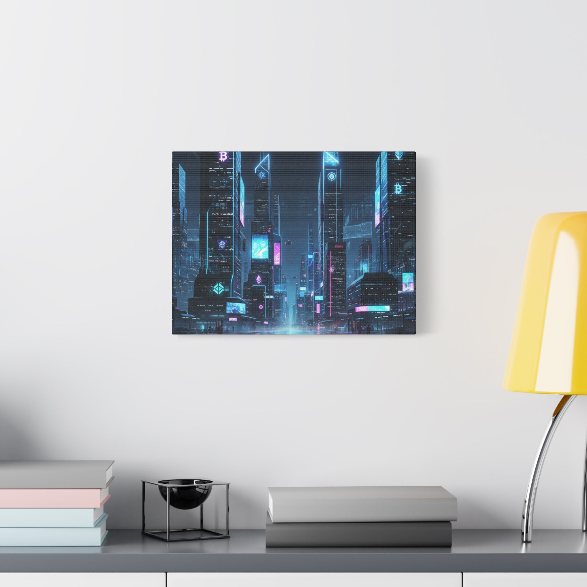 Cyberpunk Crypto Cityscape Canvas Print — Futuristic Neon Skyline Wall Art