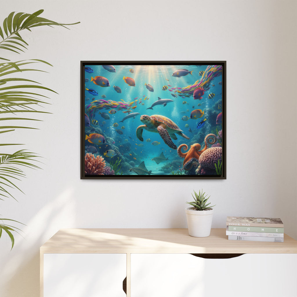 Framed Ocean Life Canvas — Colorful Sea Turtle Wall Art