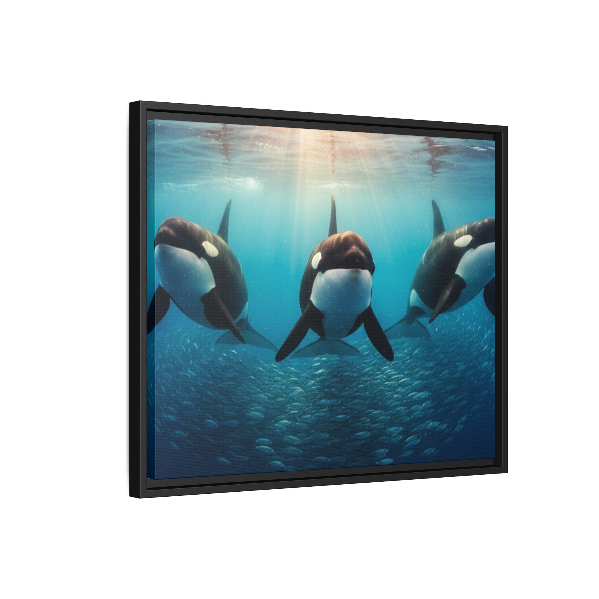 Framed Orca Canvas Print — Underwater Whale Pod Ocean Wall Art