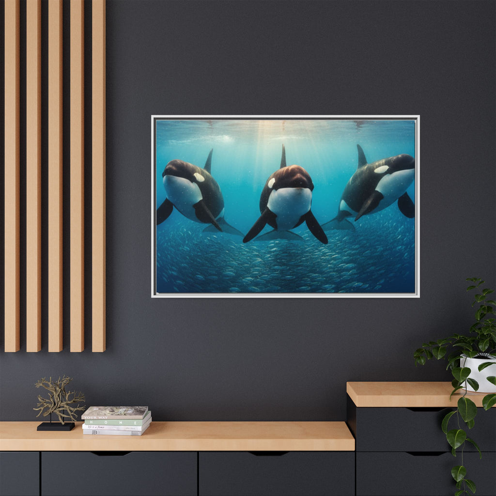 Framed Orca Canvas Print — Underwater Whale Pod Ocean Wall Art