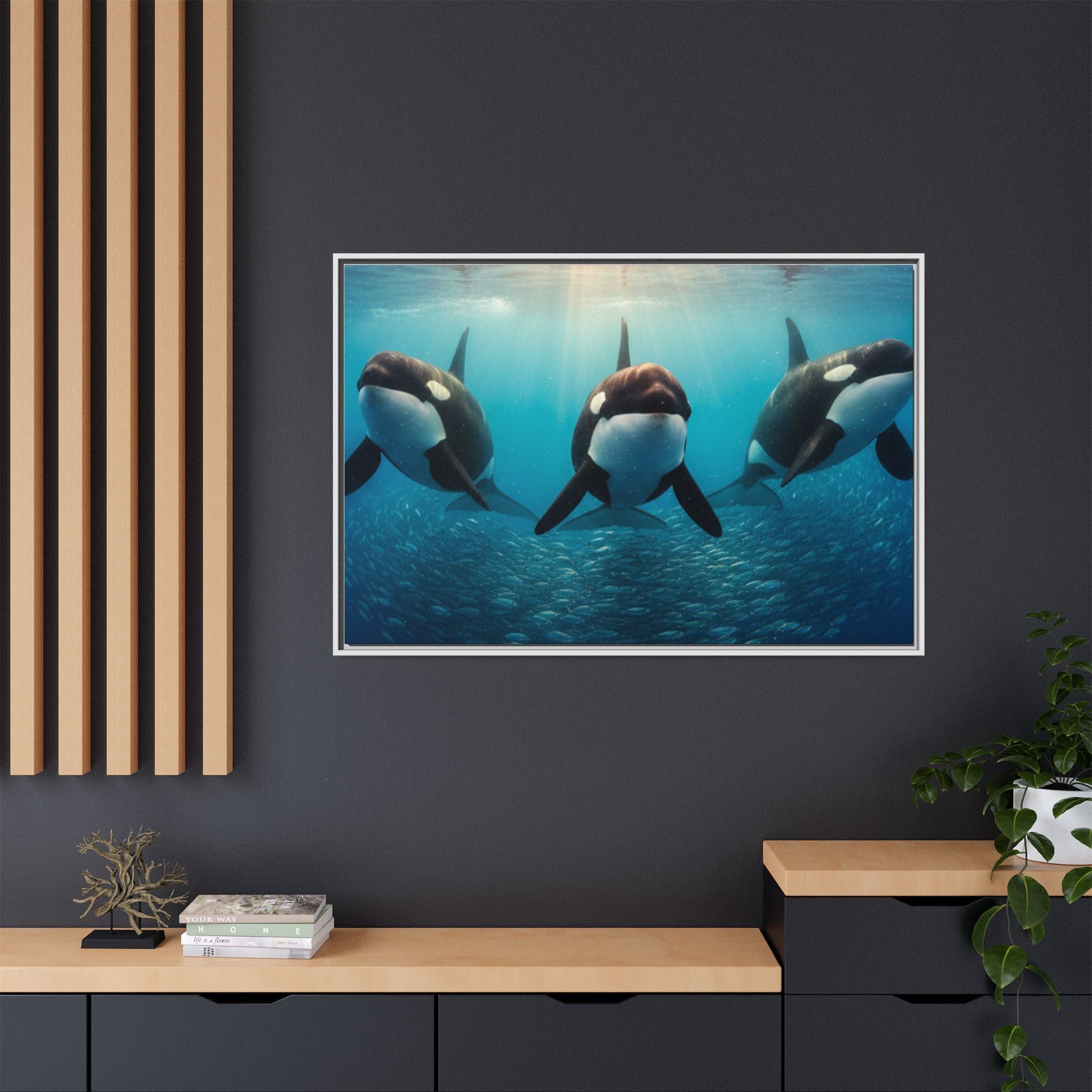 Framed Orca Canvas Print — Underwater Whale Pod Ocean Wall Art