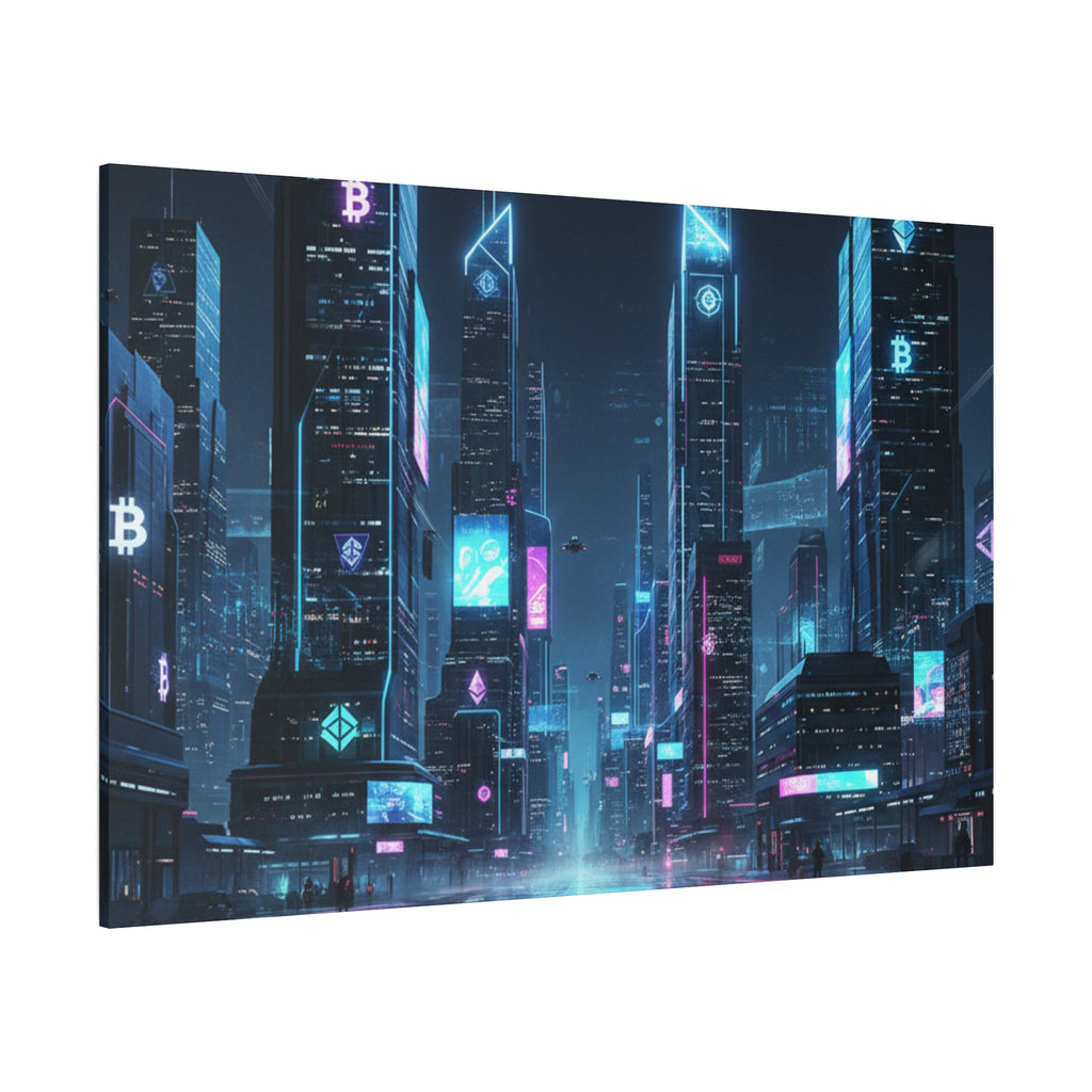 Cyberpunk Crypto Cityscape Canvas Print — Futuristic Neon Skyline Wall Art