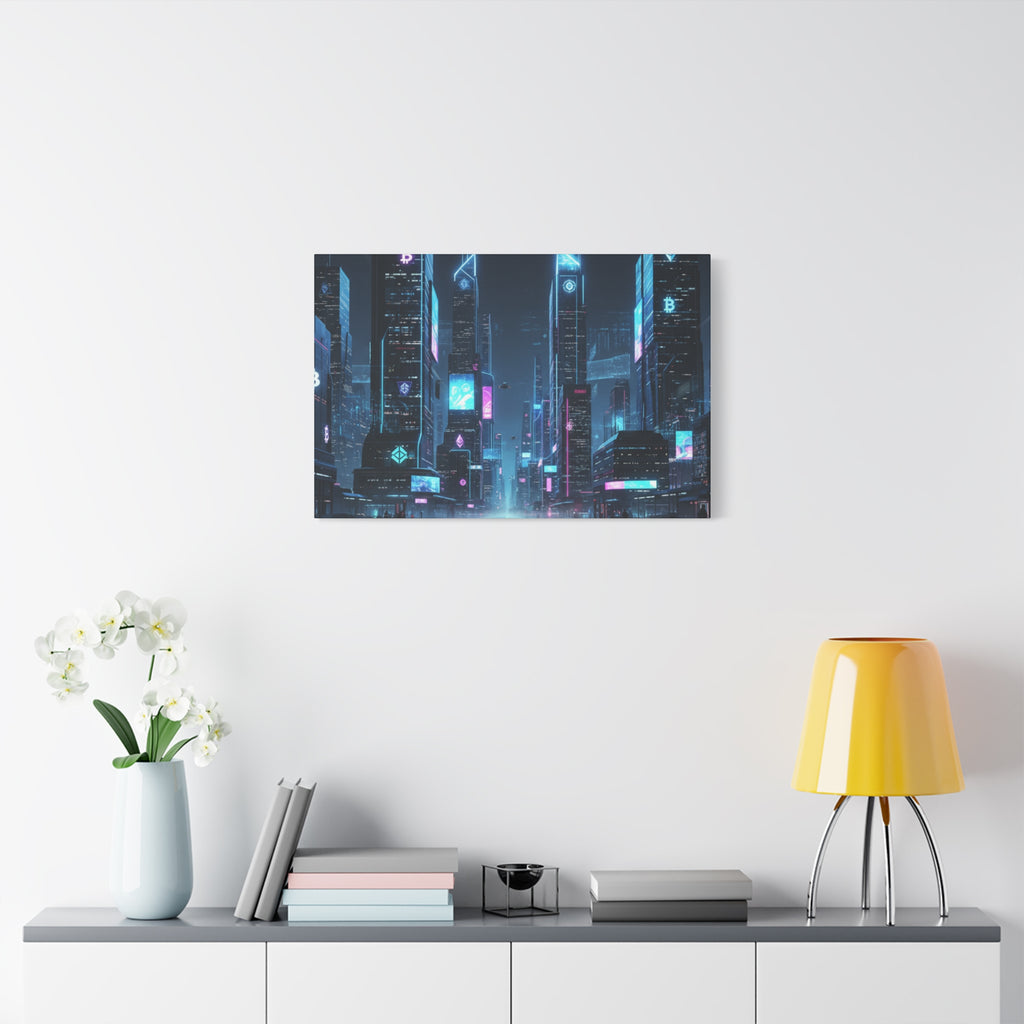Cyberpunk Crypto Cityscape Canvas Print — Futuristic Neon Skyline Wall Art