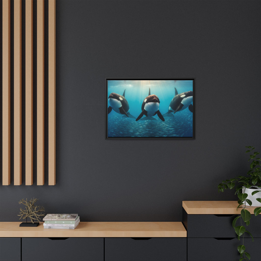 Framed Orca Canvas Print — Underwater Whale Pod Ocean Wall Art