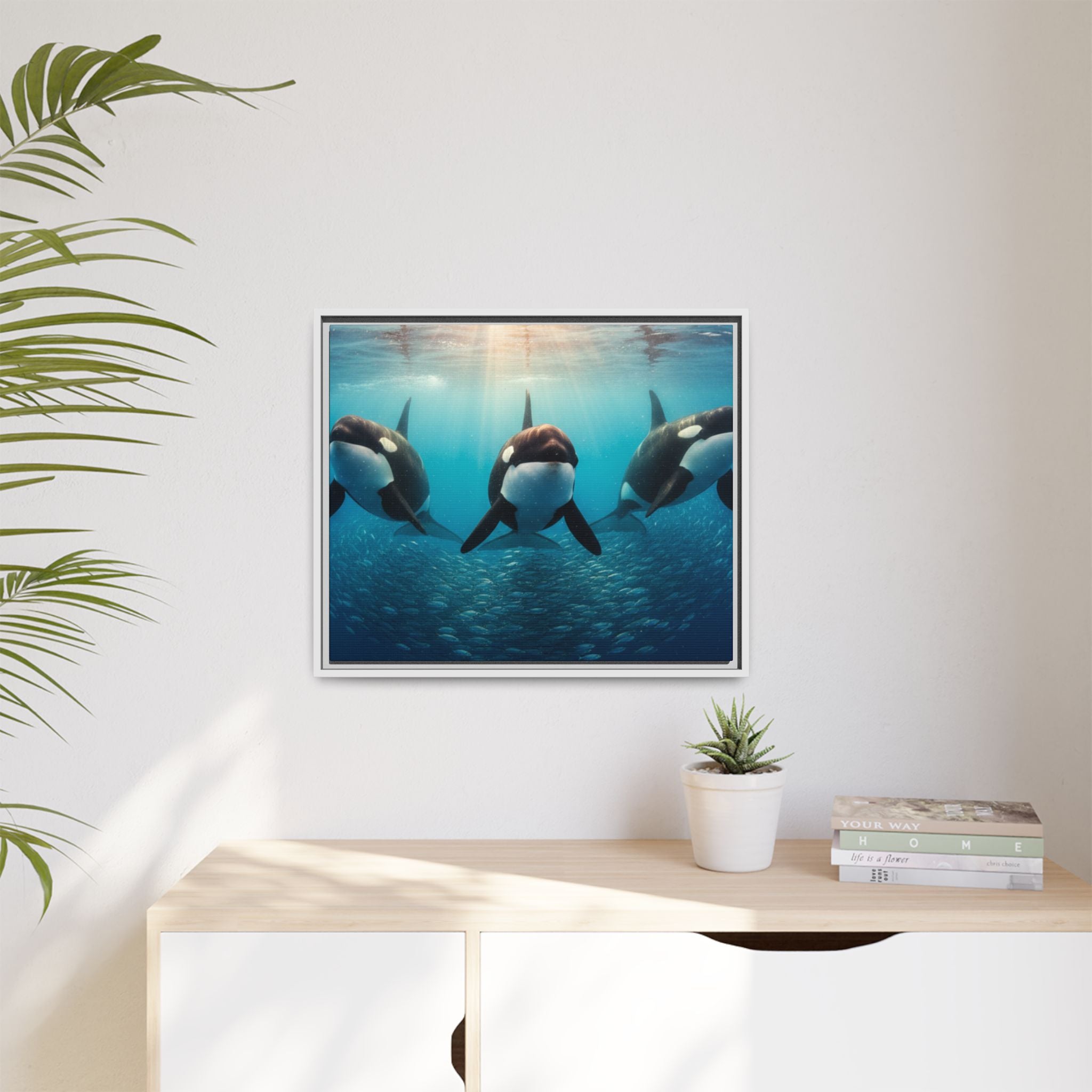 Framed Orca Canvas Print — Underwater Whale Pod Ocean Wall Art