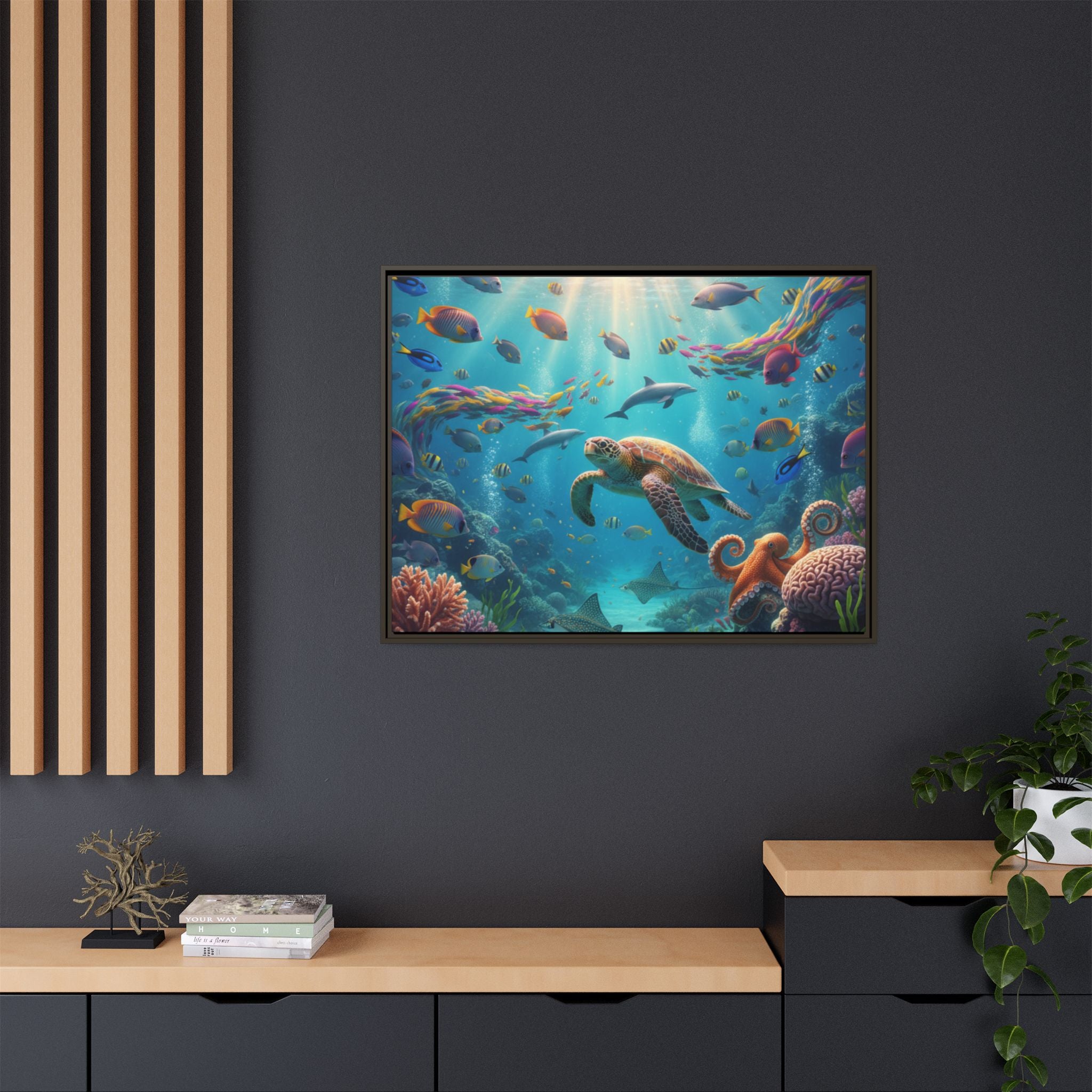 Framed Ocean Life Canvas — Colorful Sea Turtle Wall Art