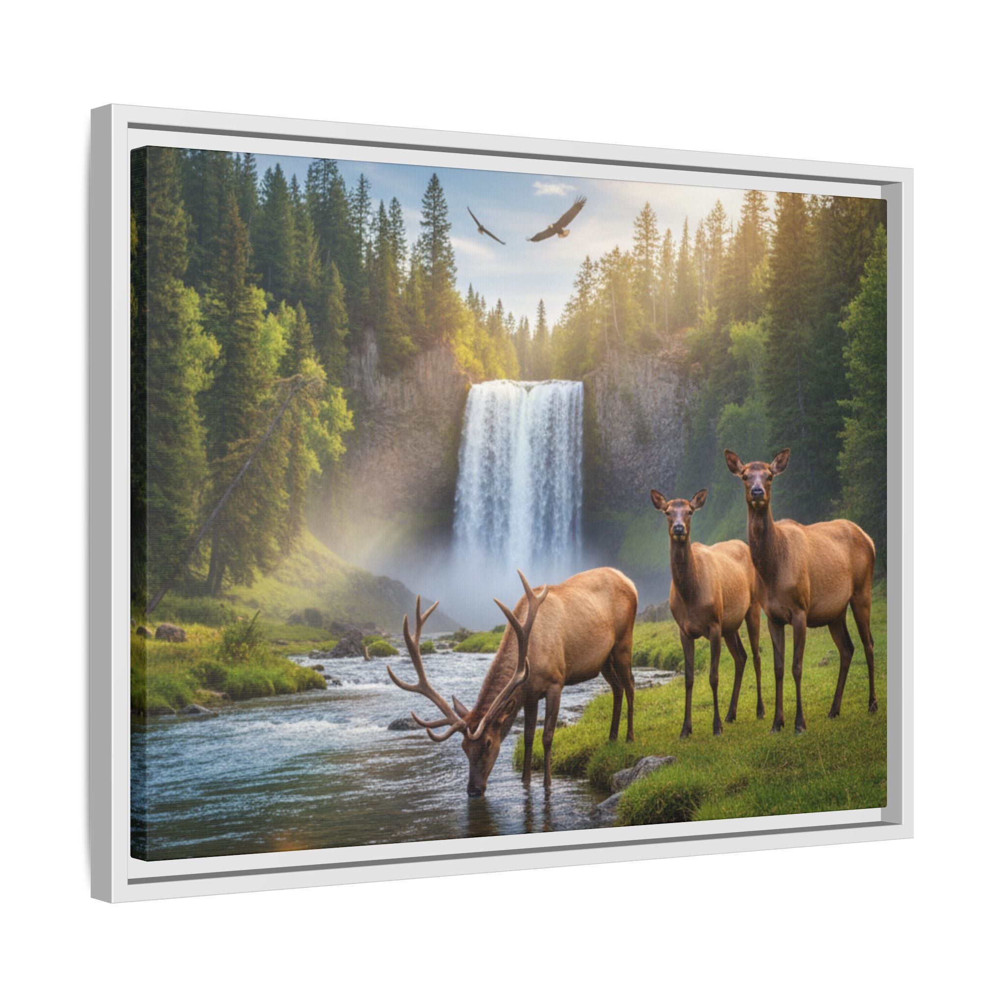 Waterfall Elk Forest Landscape Wall Art