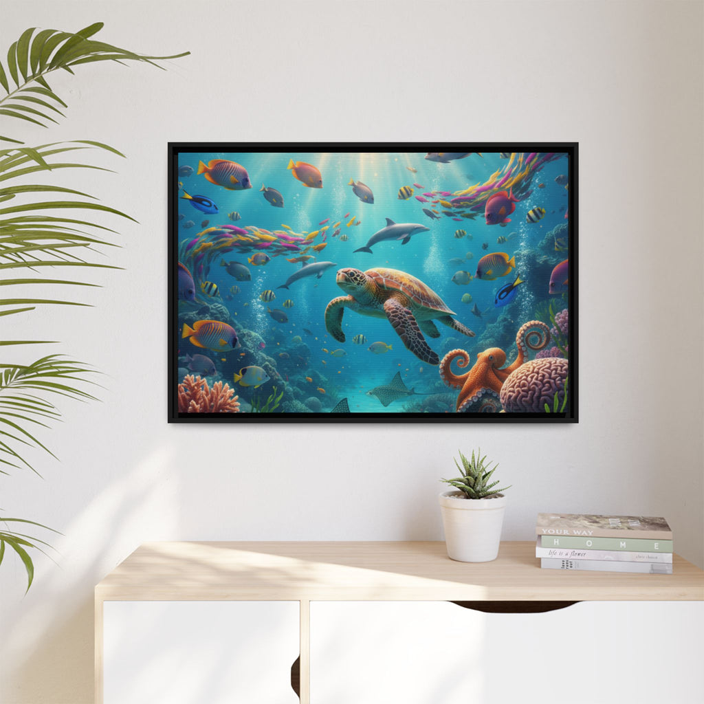 Framed Ocean Life Canvas — Colorful Sea Turtle Wall Art