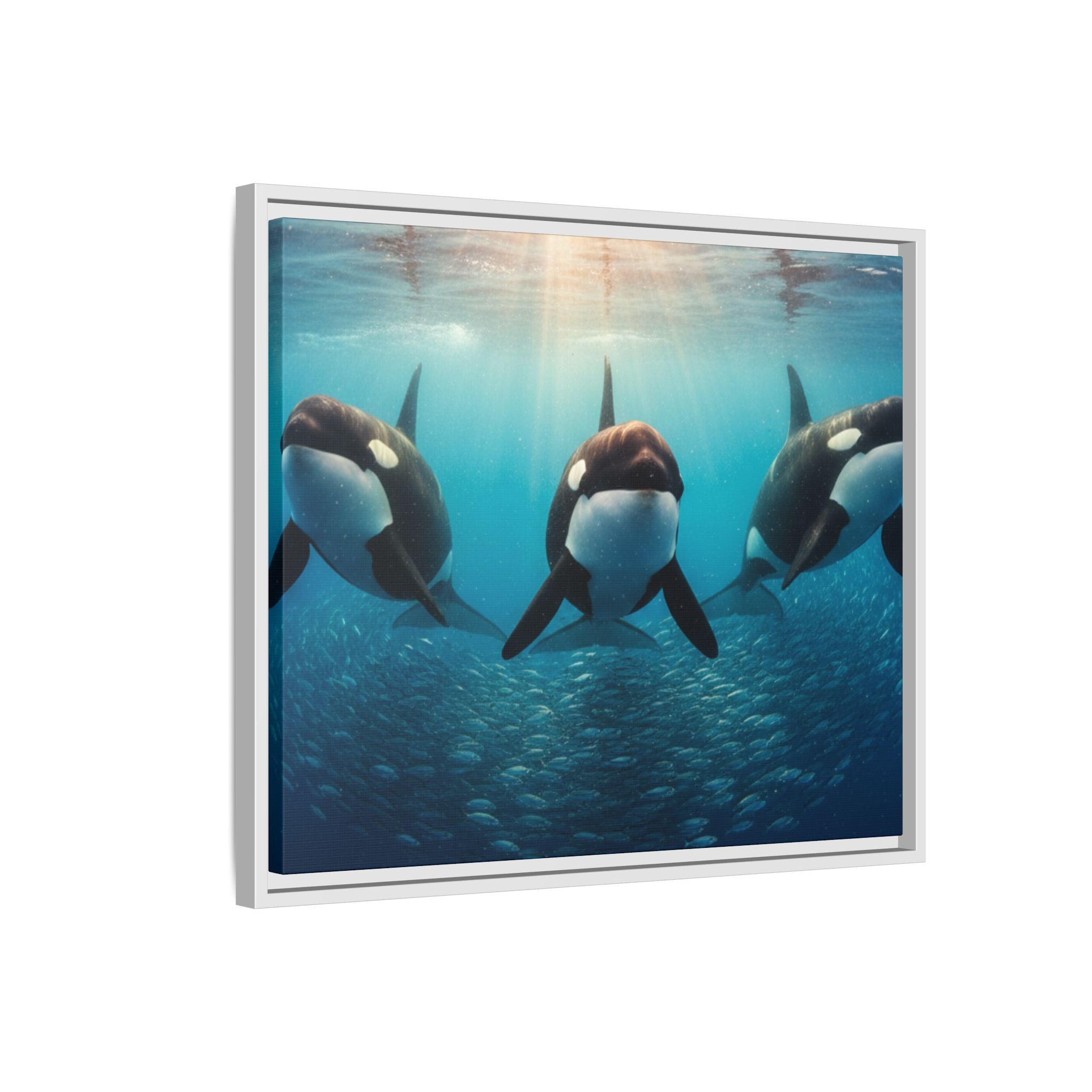 Framed Orca Canvas Print — Underwater Whale Pod Ocean Wall Art