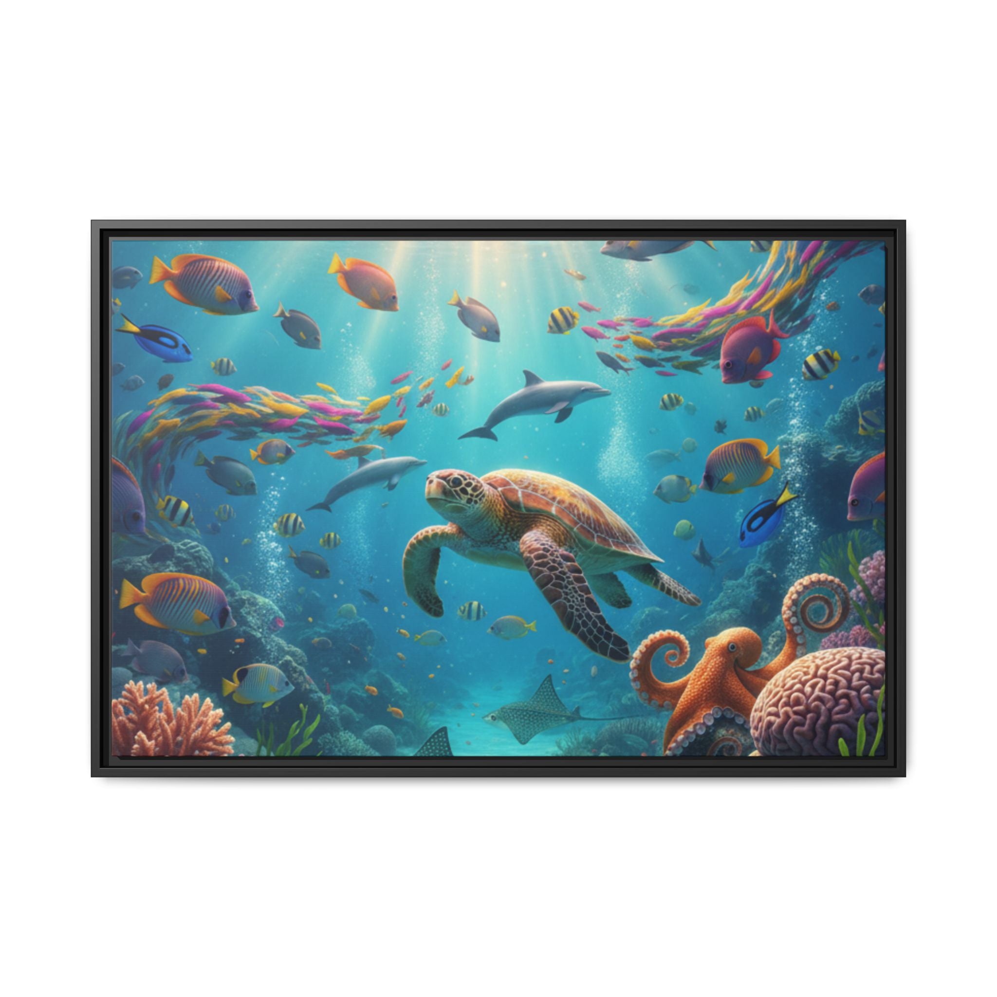 Framed Ocean Life Canvas — Colorful Sea Turtle Wall Art
