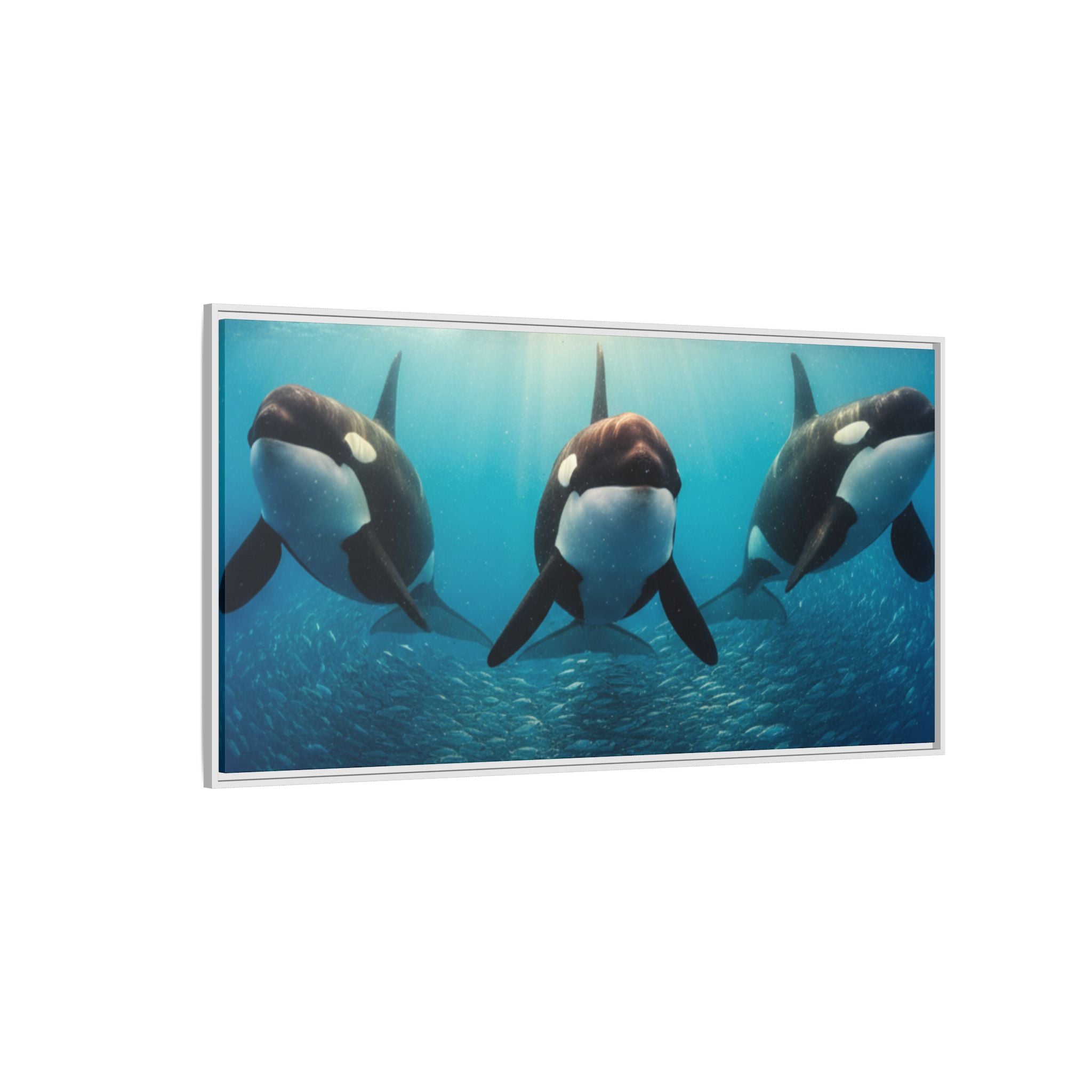 Framed Orca Canvas Print — Underwater Whale Pod Ocean Wall Art