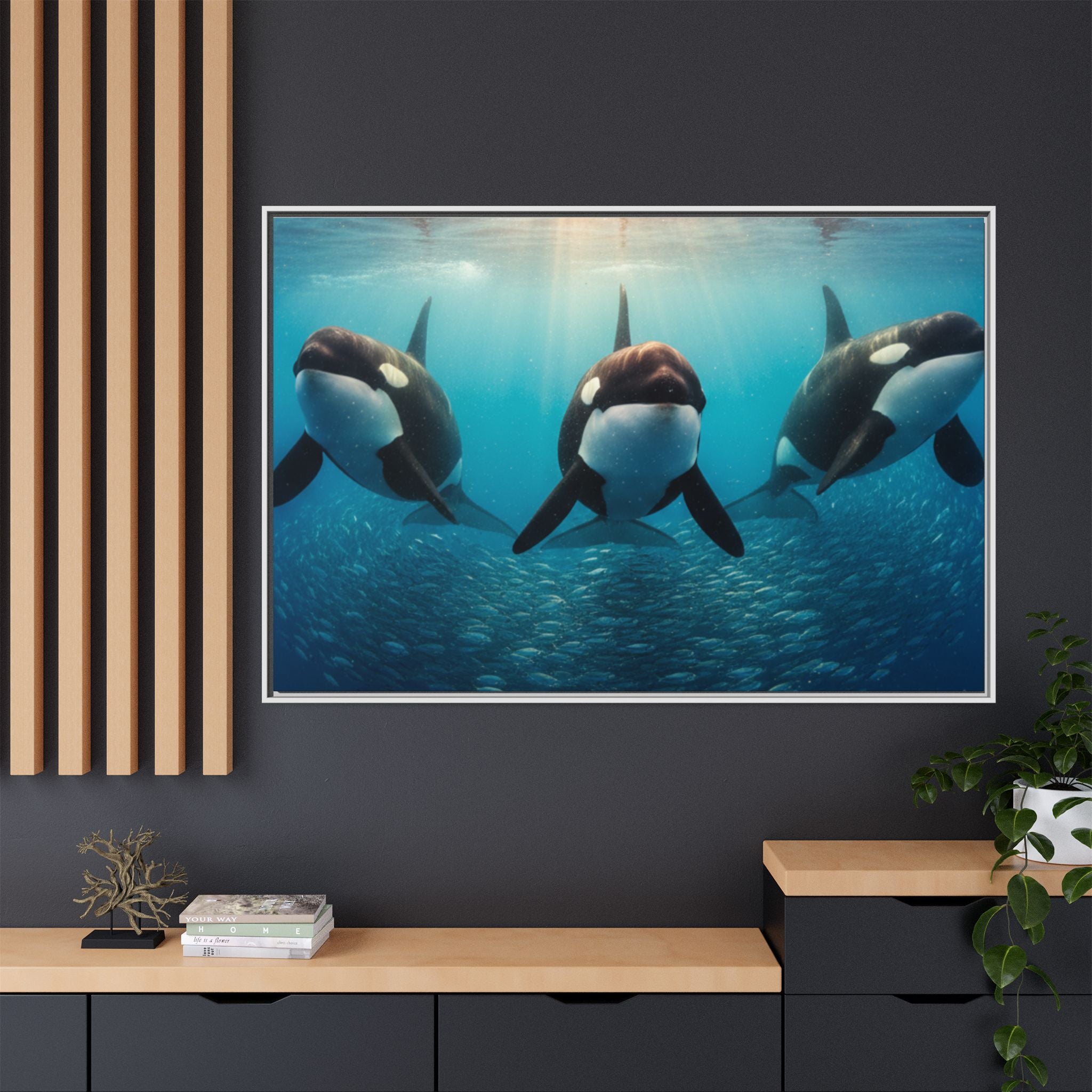 Framed Orca Canvas Print — Underwater Whale Pod Ocean Wall Art