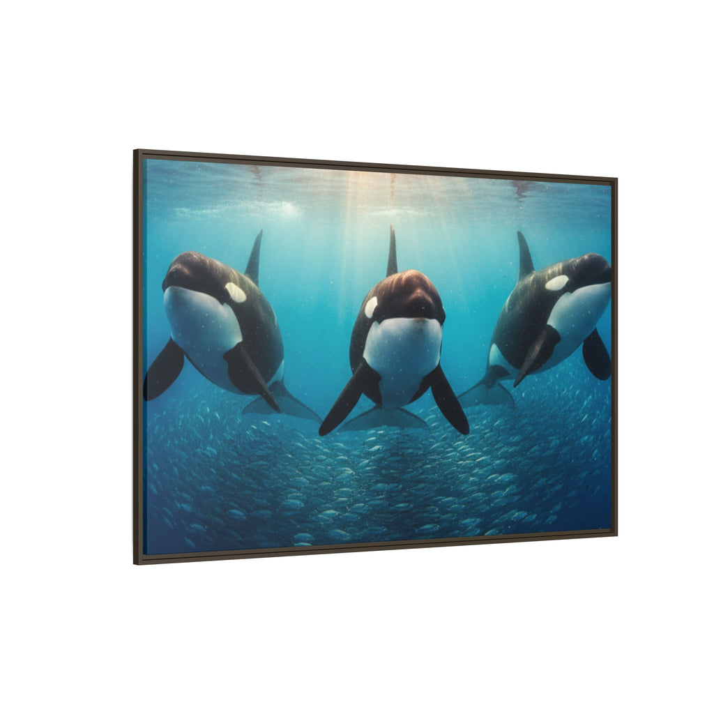 Framed Orca Canvas Print — Underwater Whale Pod Ocean Wall Art