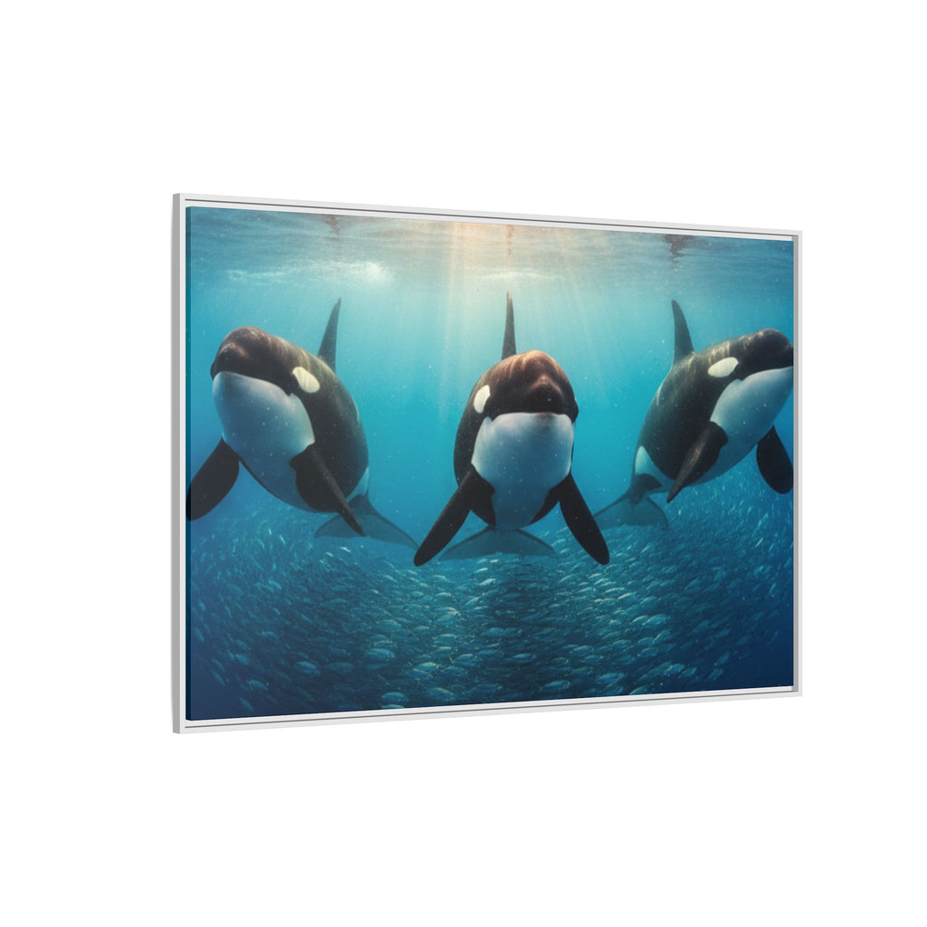 Framed Orca Canvas Print — Underwater Whale Pod Ocean Wall Art