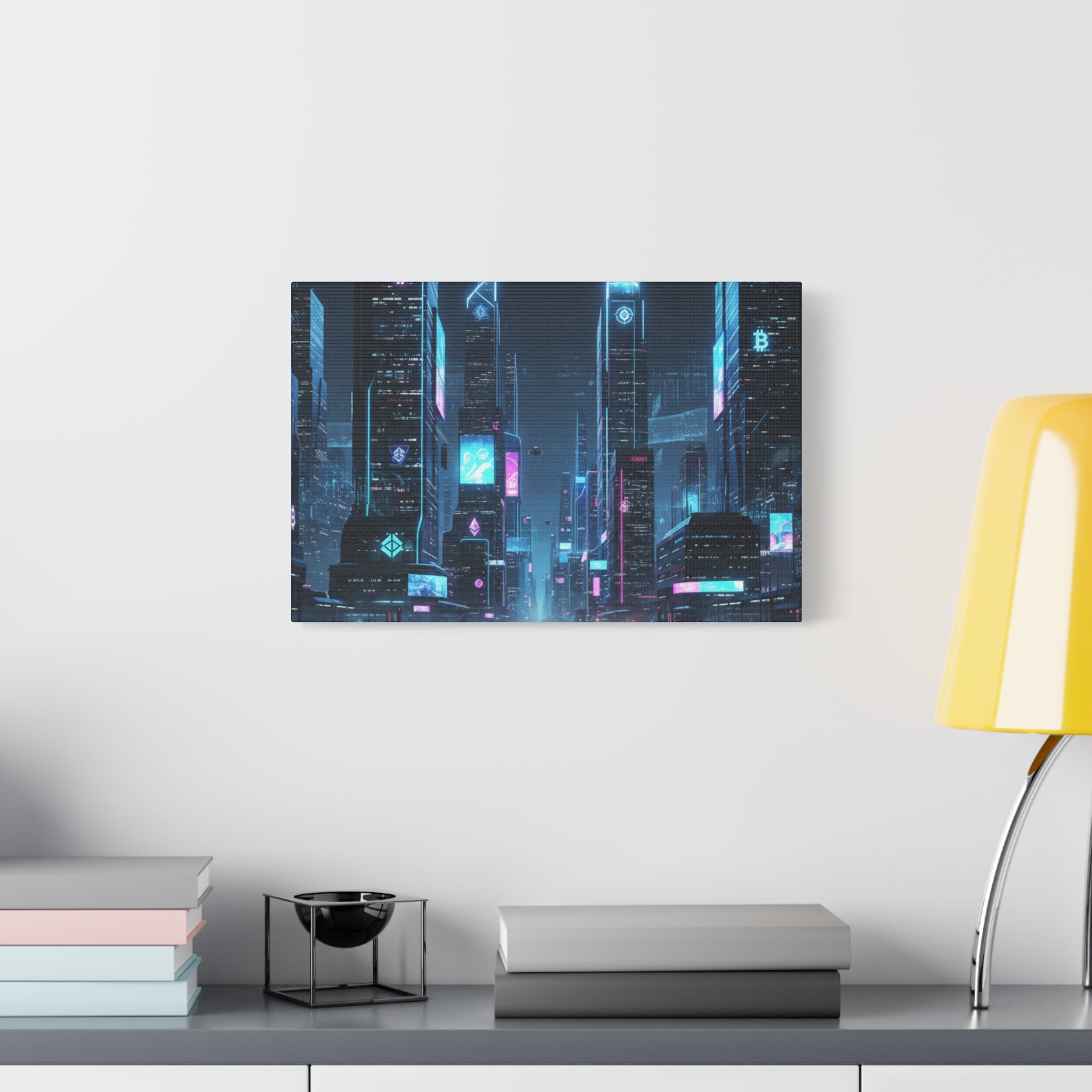 Cyberpunk Crypto Cityscape Canvas Print — Futuristic Neon Skyline Wall Art