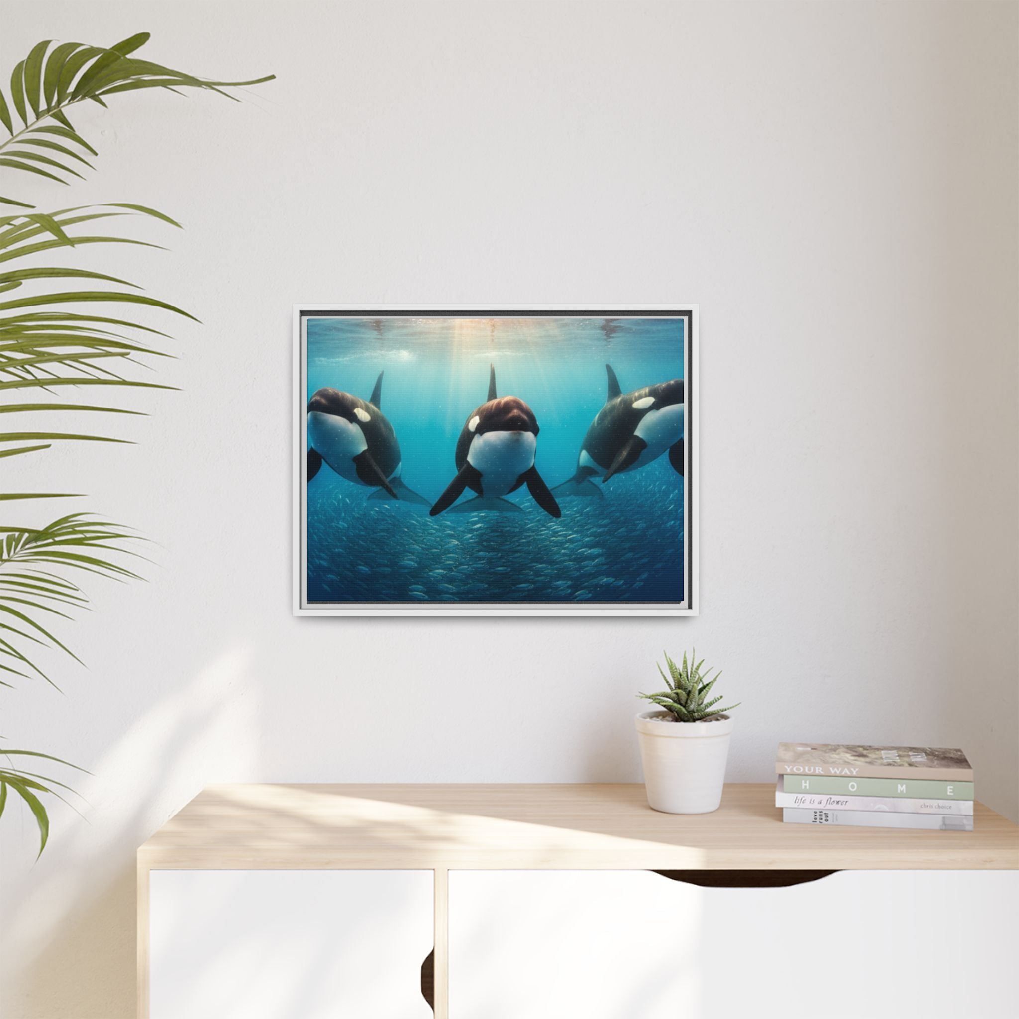 Framed Orca Canvas Print — Underwater Whale Pod Ocean Wall Art
