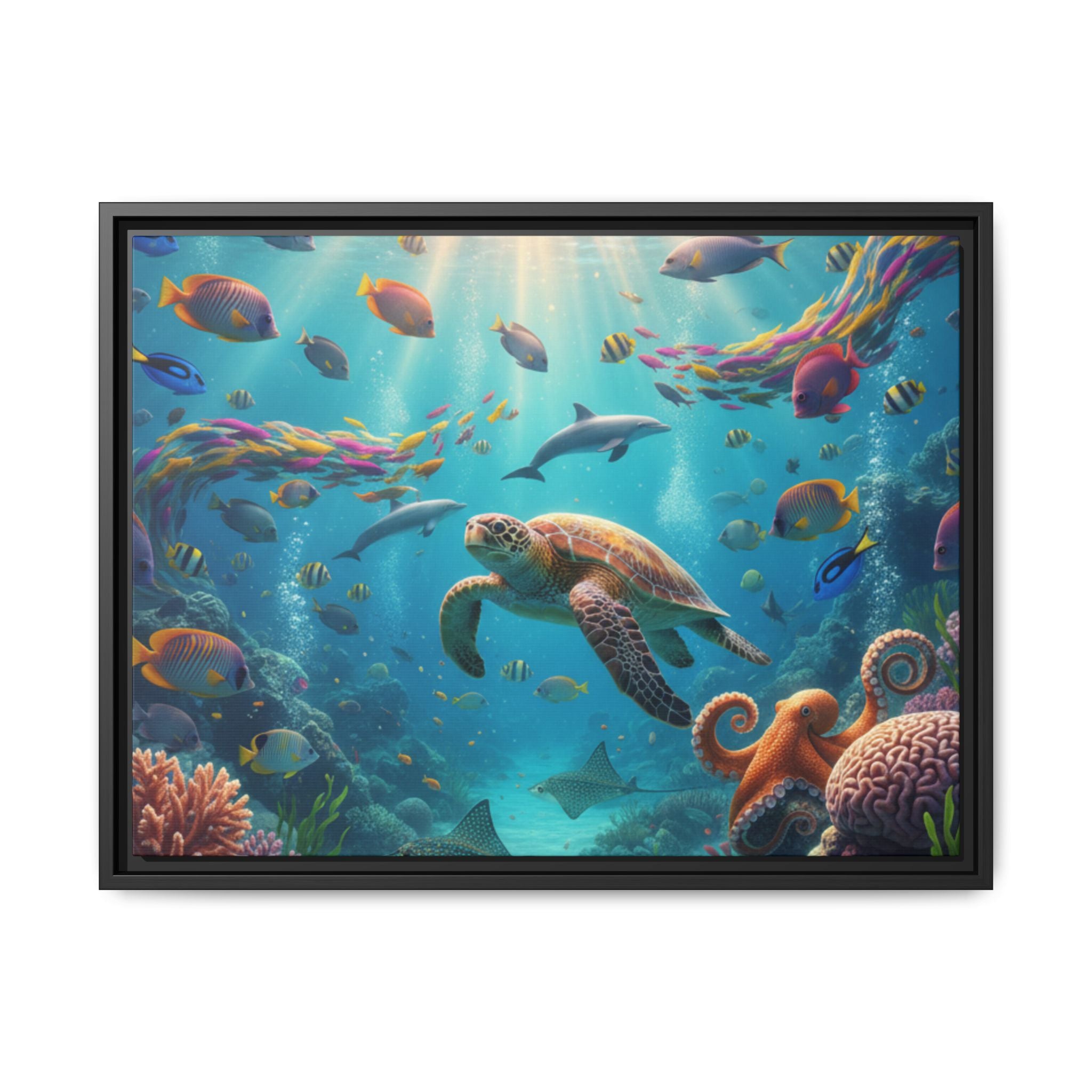 Framed Ocean Life Canvas — Colorful Sea Turtle Wall Art