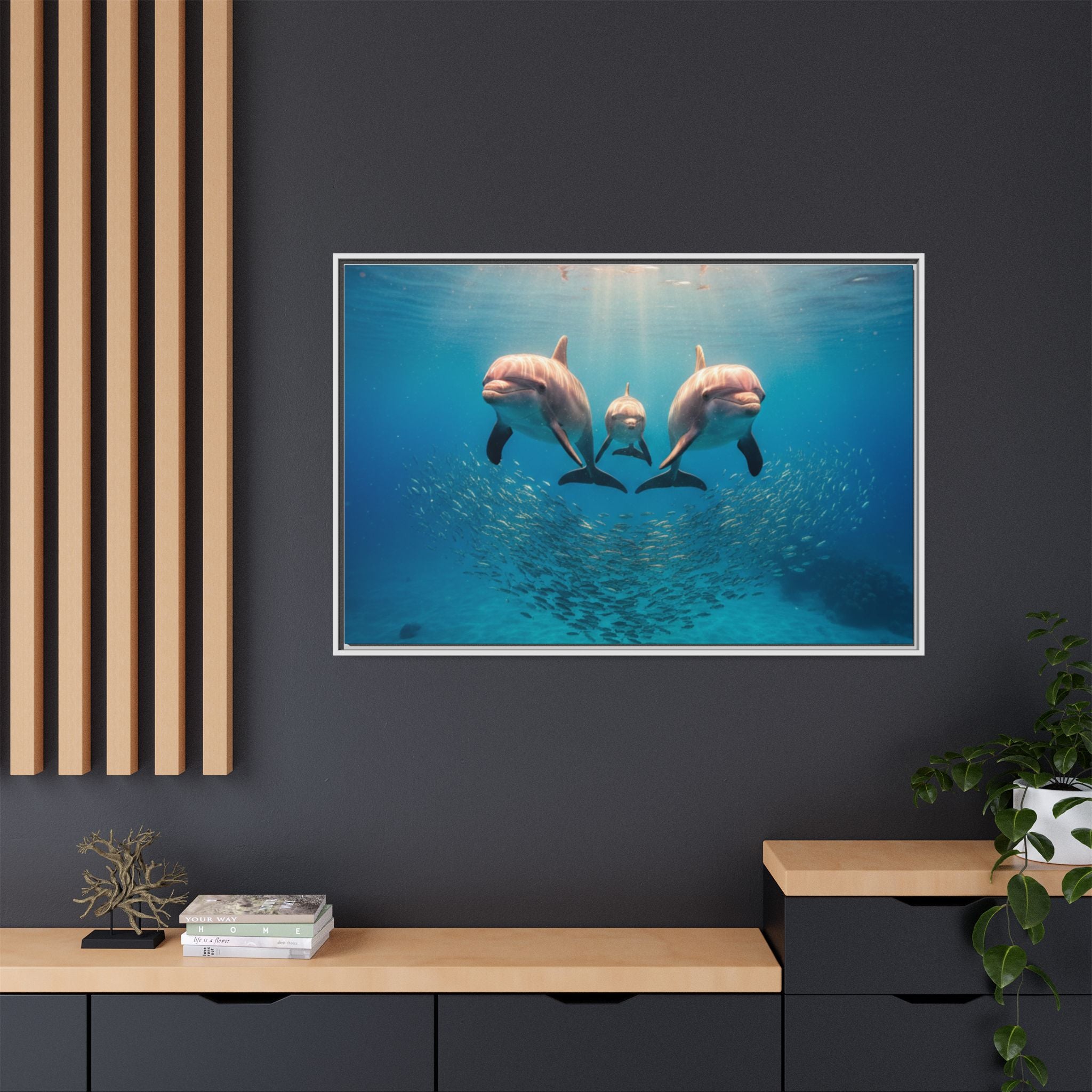 Framed Dolphin Canvas Print — Matte Ocean Wall Art