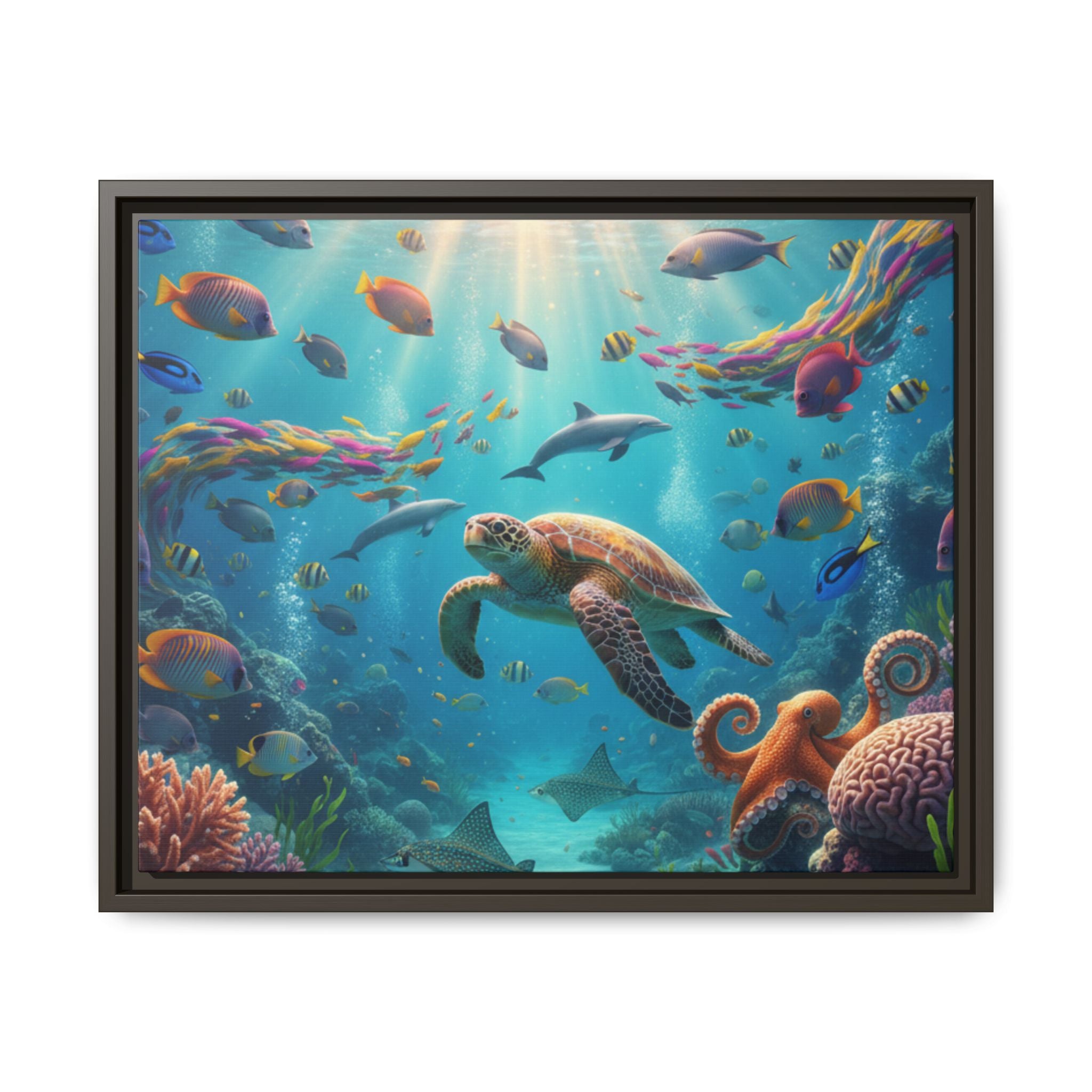 Framed Ocean Life Canvas — Colorful Sea Turtle Wall Art