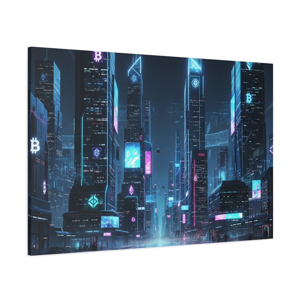 Cyberpunk Crypto Cityscape Canvas Print — Futuristic Neon Skyline Wall Art