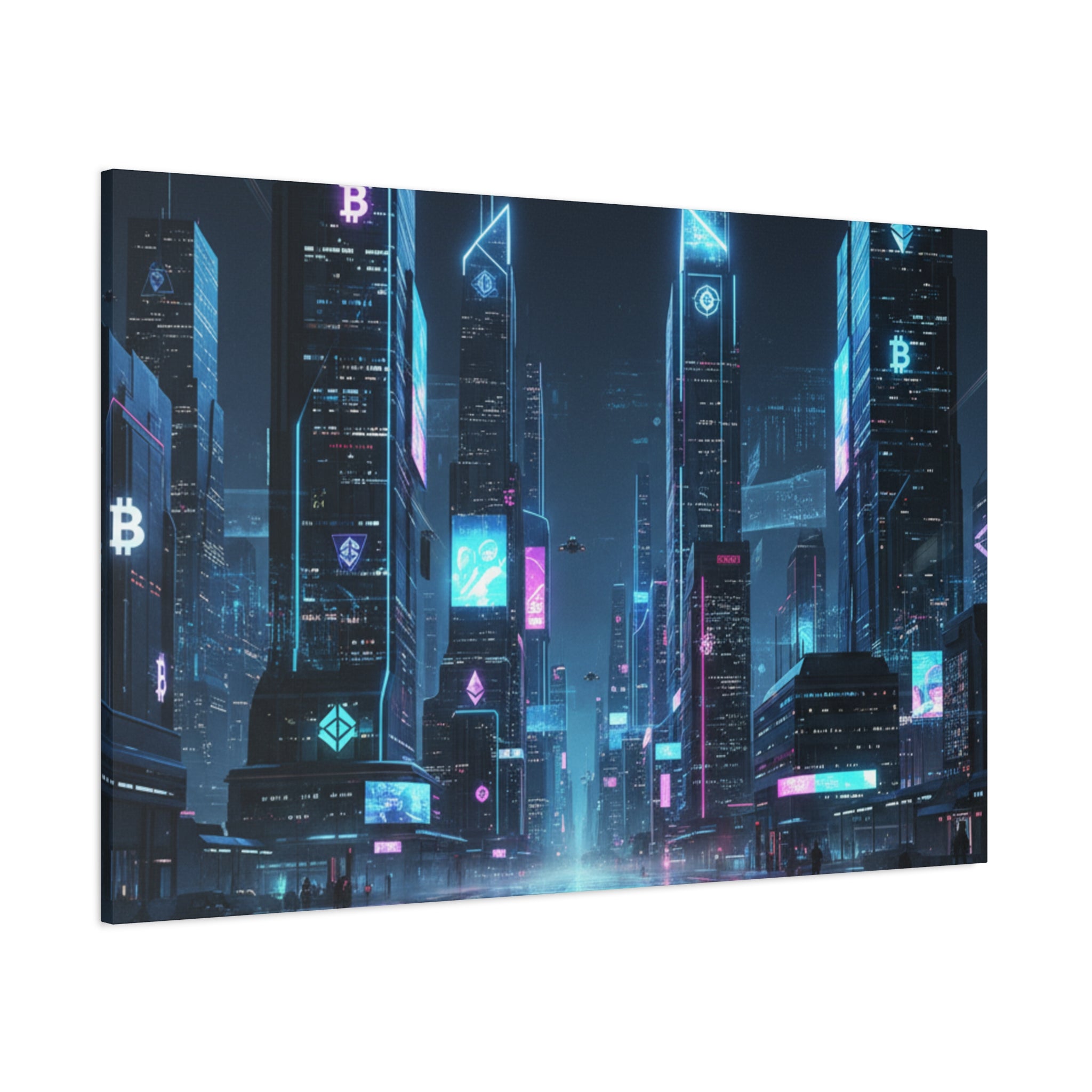 Cyberpunk Crypto Cityscape Canvas Print — Futuristic Neon Skyline Wall Art