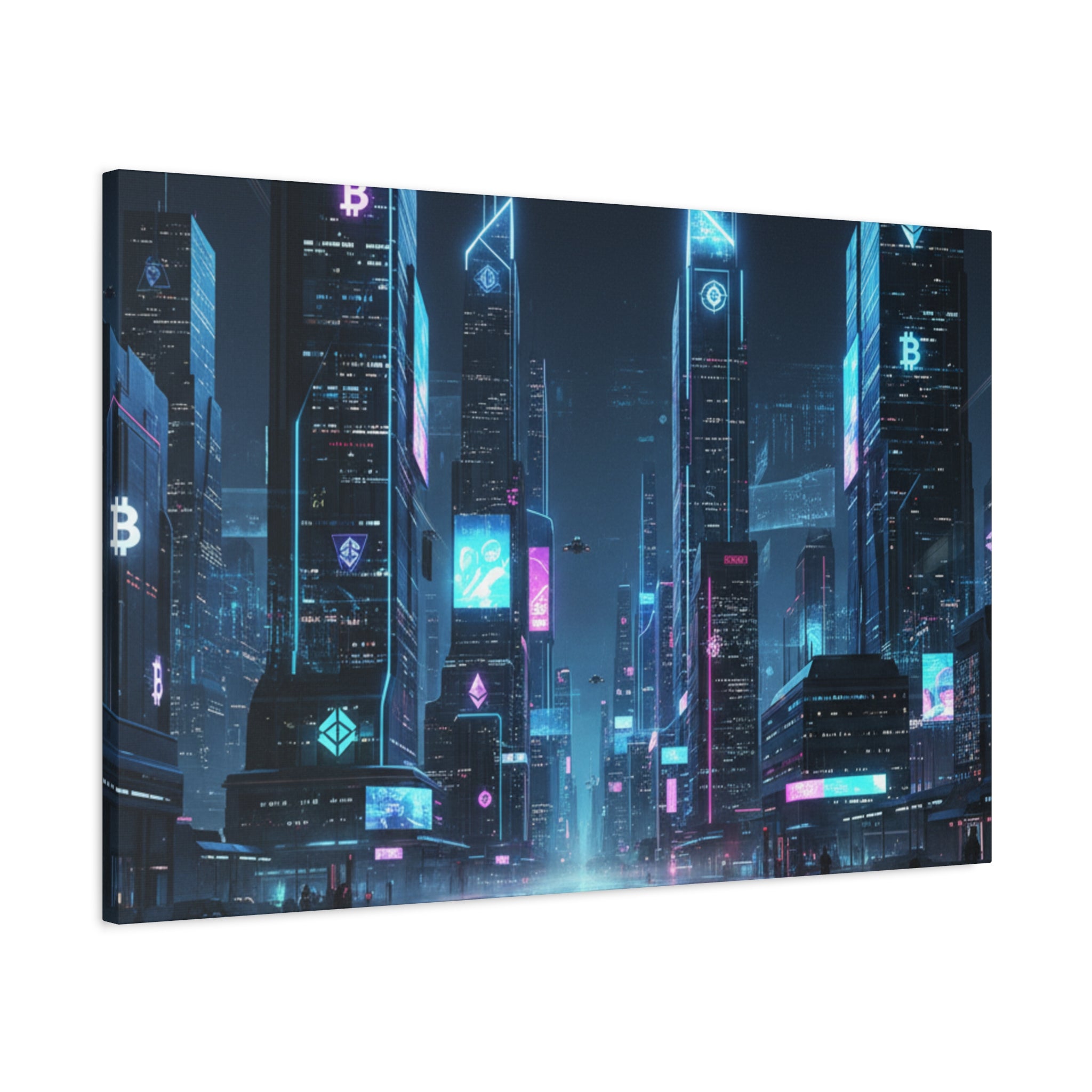 Cyberpunk Crypto Cityscape Canvas Print — Futuristic Neon Skyline Wall Art
