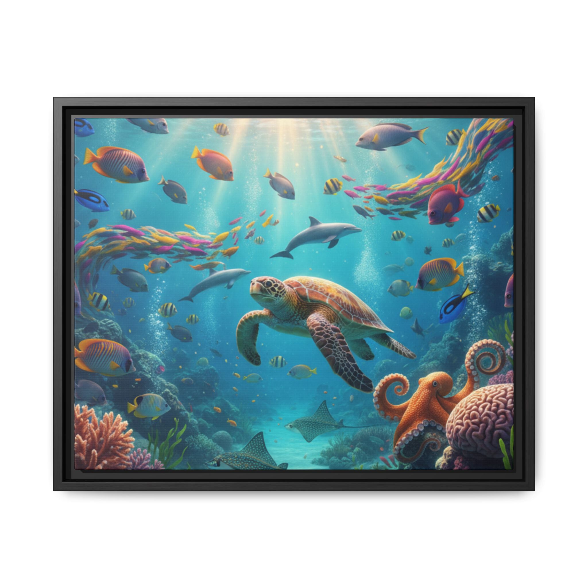 Framed Ocean Life Canvas — Colorful Sea Turtle Wall Art