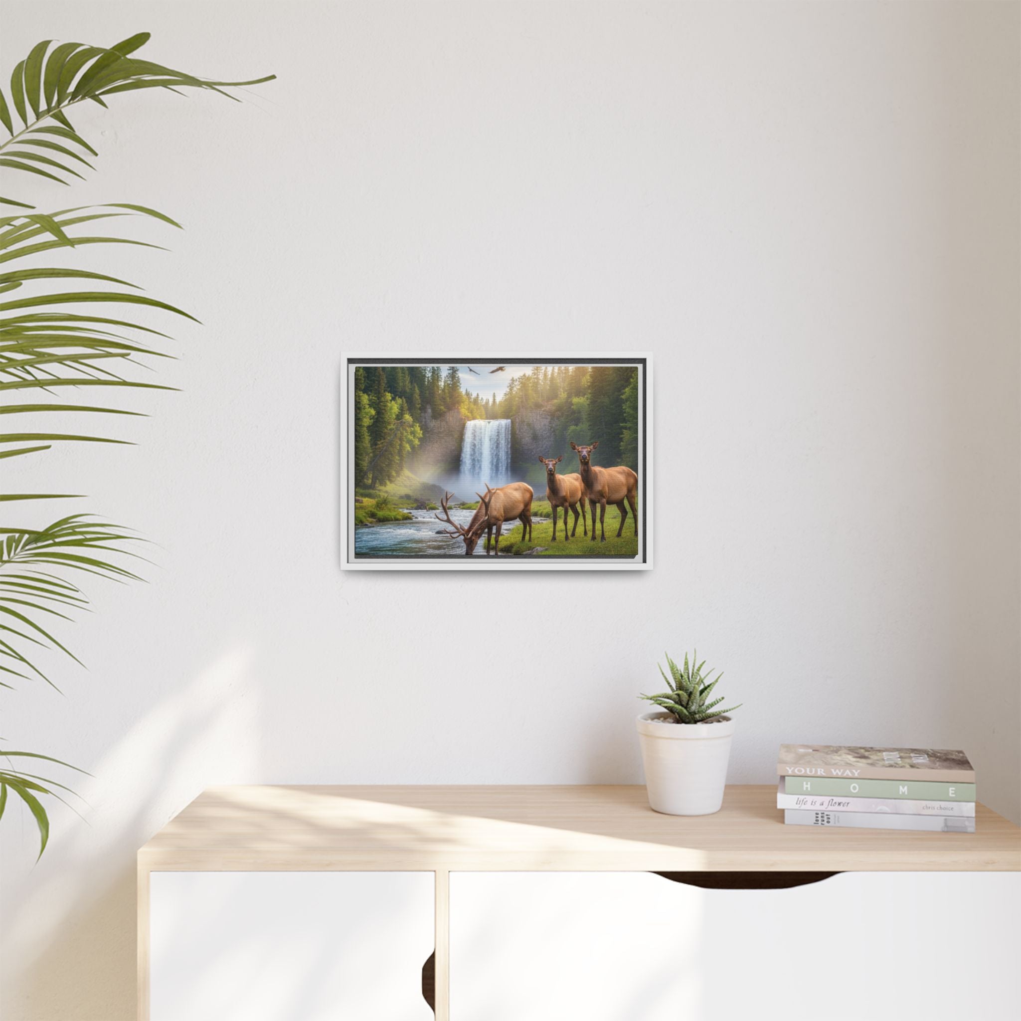 Waterfall Elk Forest Landscape Wall Art