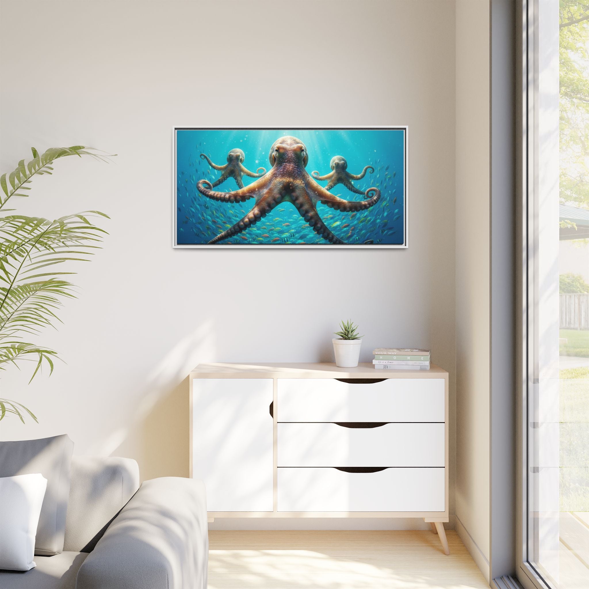 Framed Octopus Art Print — Vibrant Underwater Canvas Wall Decor