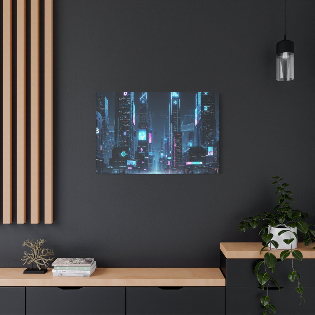 Cyberpunk Crypto Cityscape Canvas Print — Futuristic Neon Skyline Wall Art