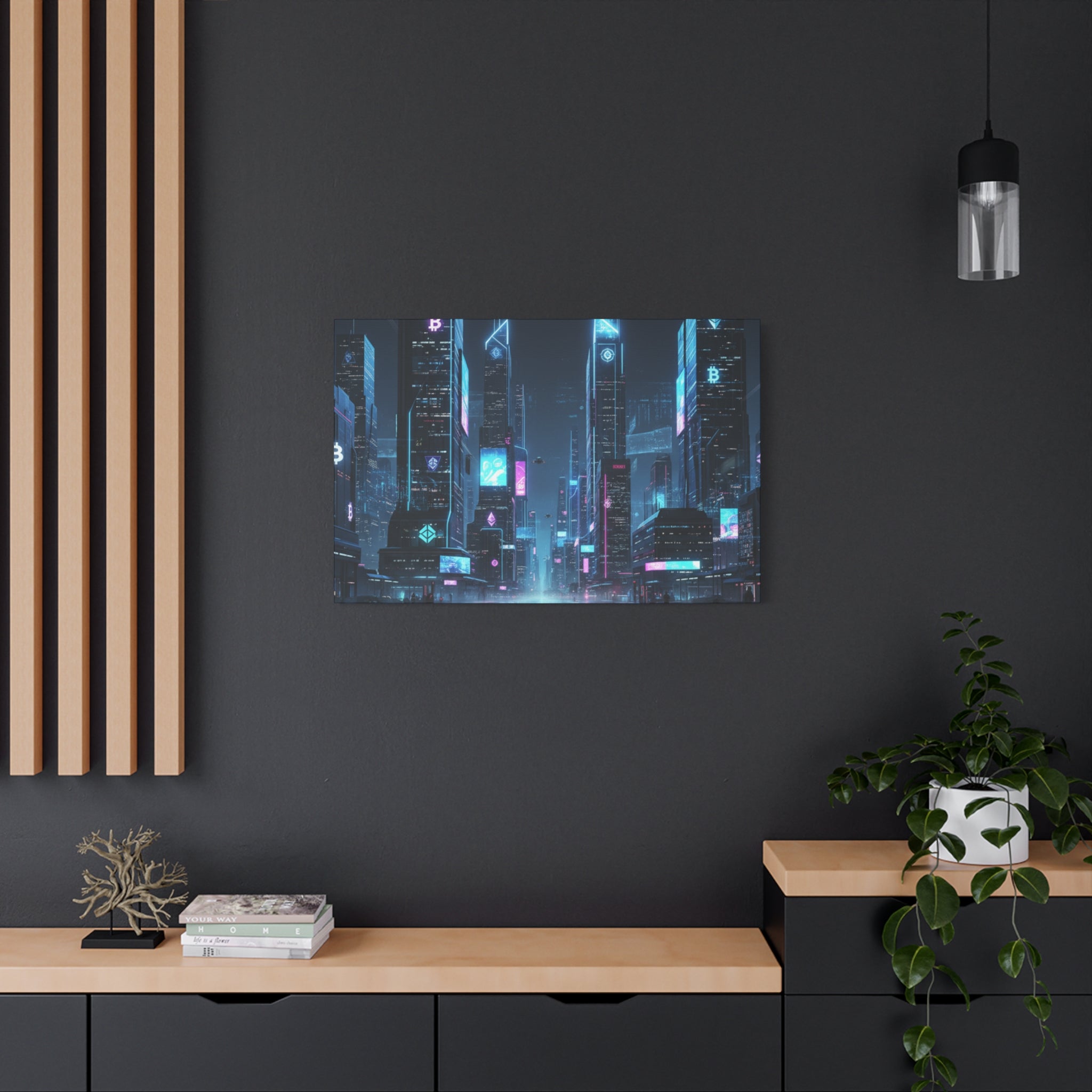 Cyberpunk Crypto Cityscape Canvas Print — Futuristic Neon Skyline Wall Art