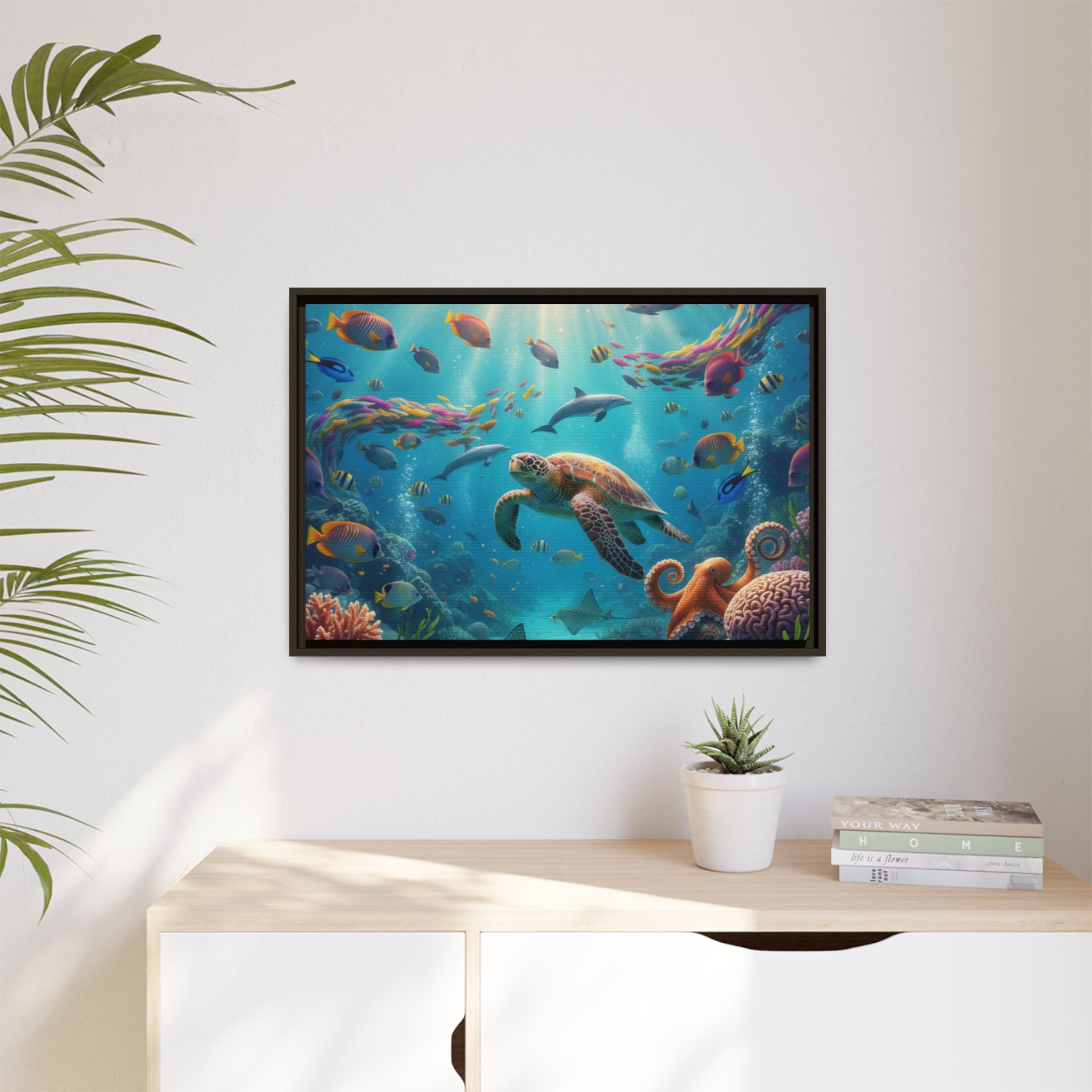 Framed Ocean Life Canvas — Colorful Sea Turtle Wall Art