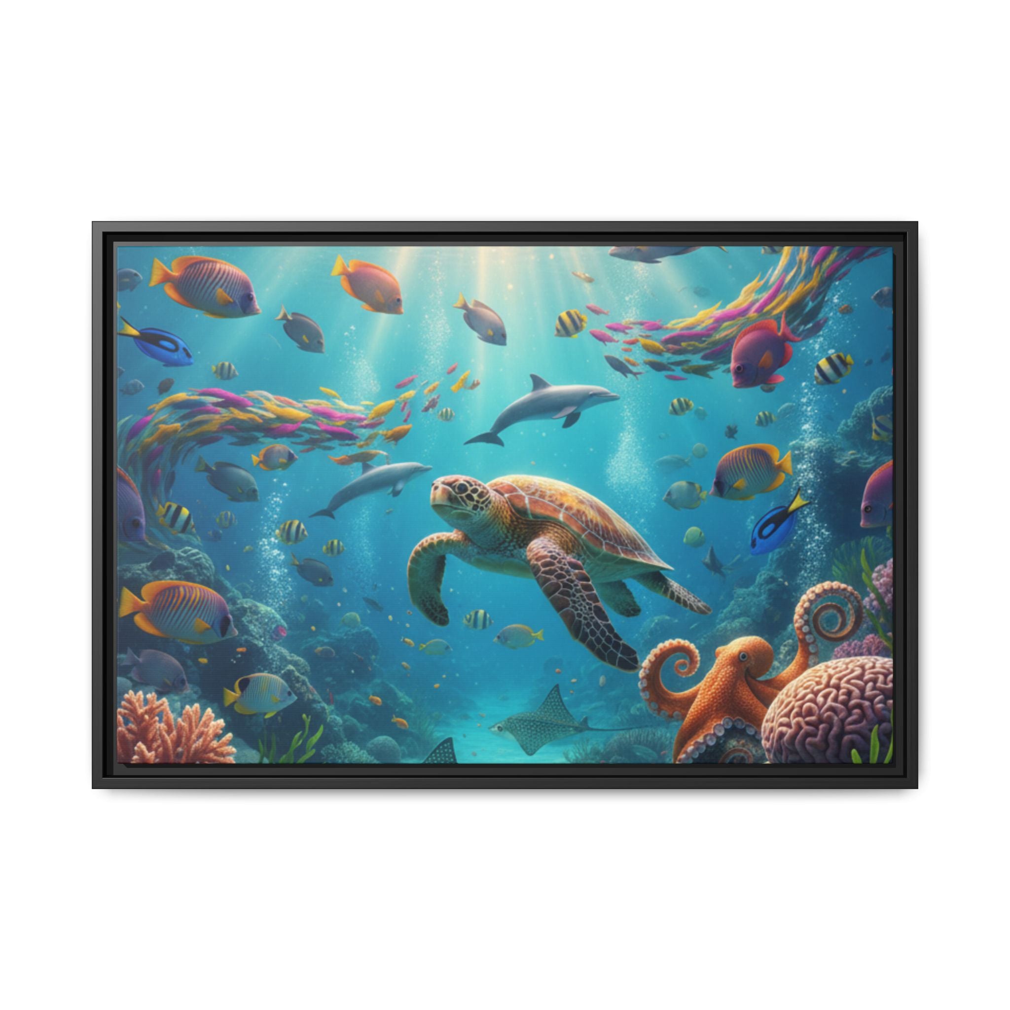 Framed Ocean Life Canvas — Colorful Sea Turtle Wall Art