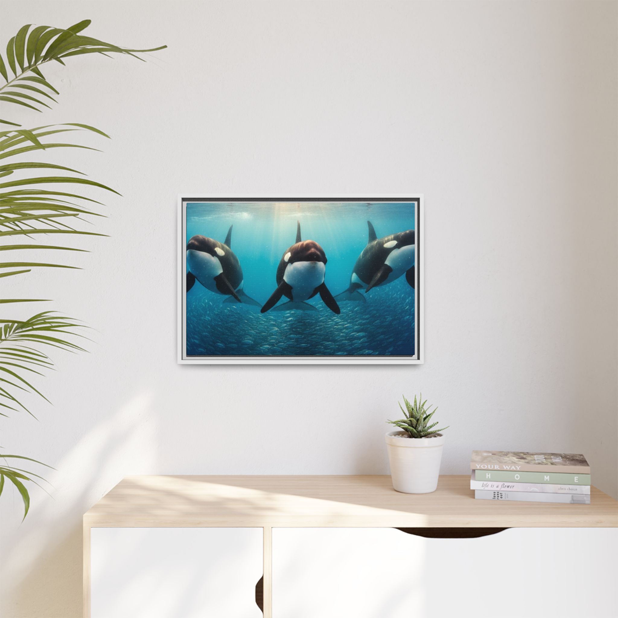 Framed Orca Canvas Print — Underwater Whale Pod Ocean Wall Art