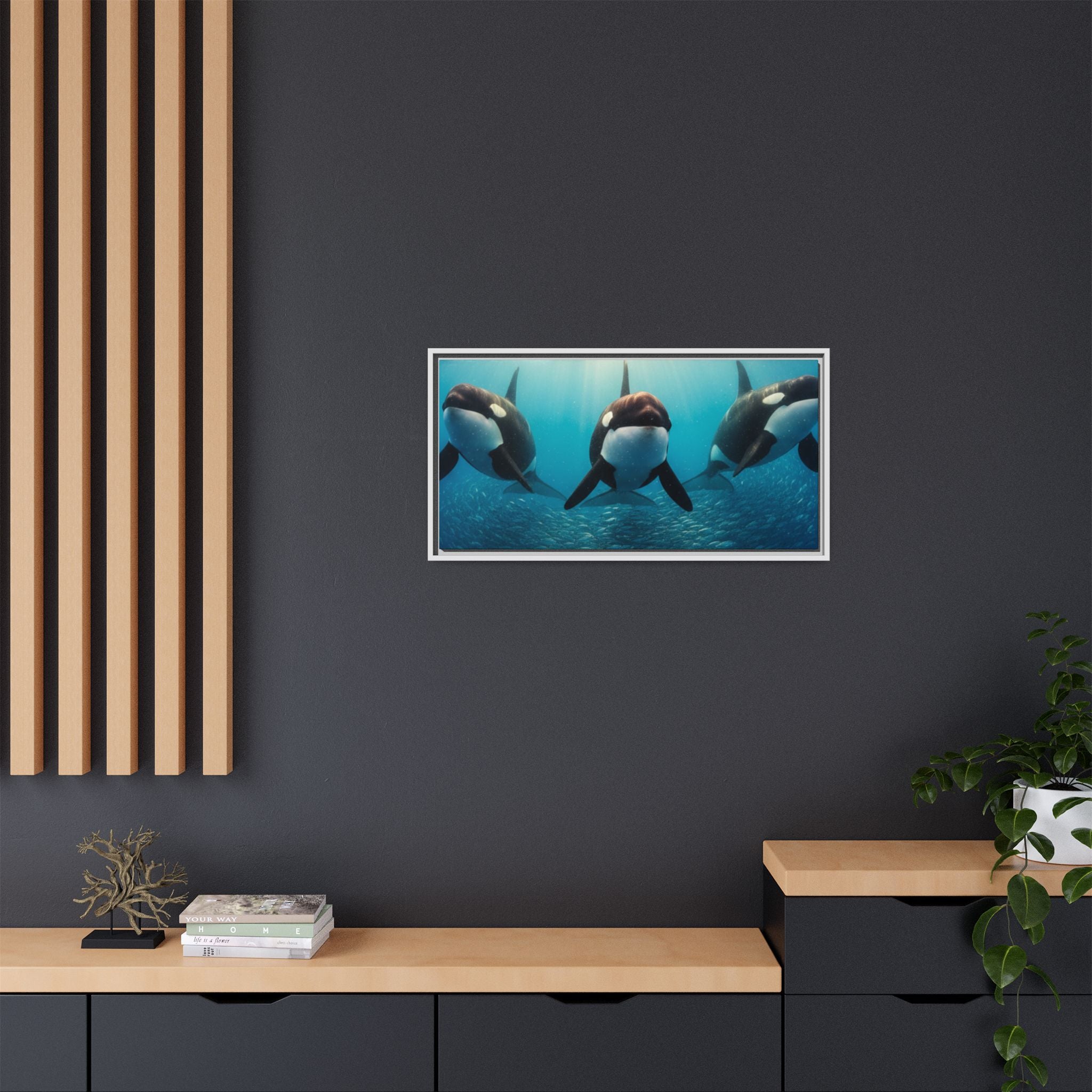 Framed Orca Canvas Print — Underwater Whale Pod Ocean Wall Art