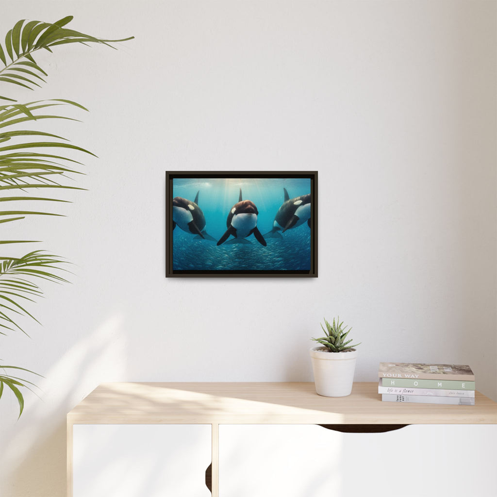 Framed Orca Canvas Print — Underwater Whale Pod Ocean Wall Art