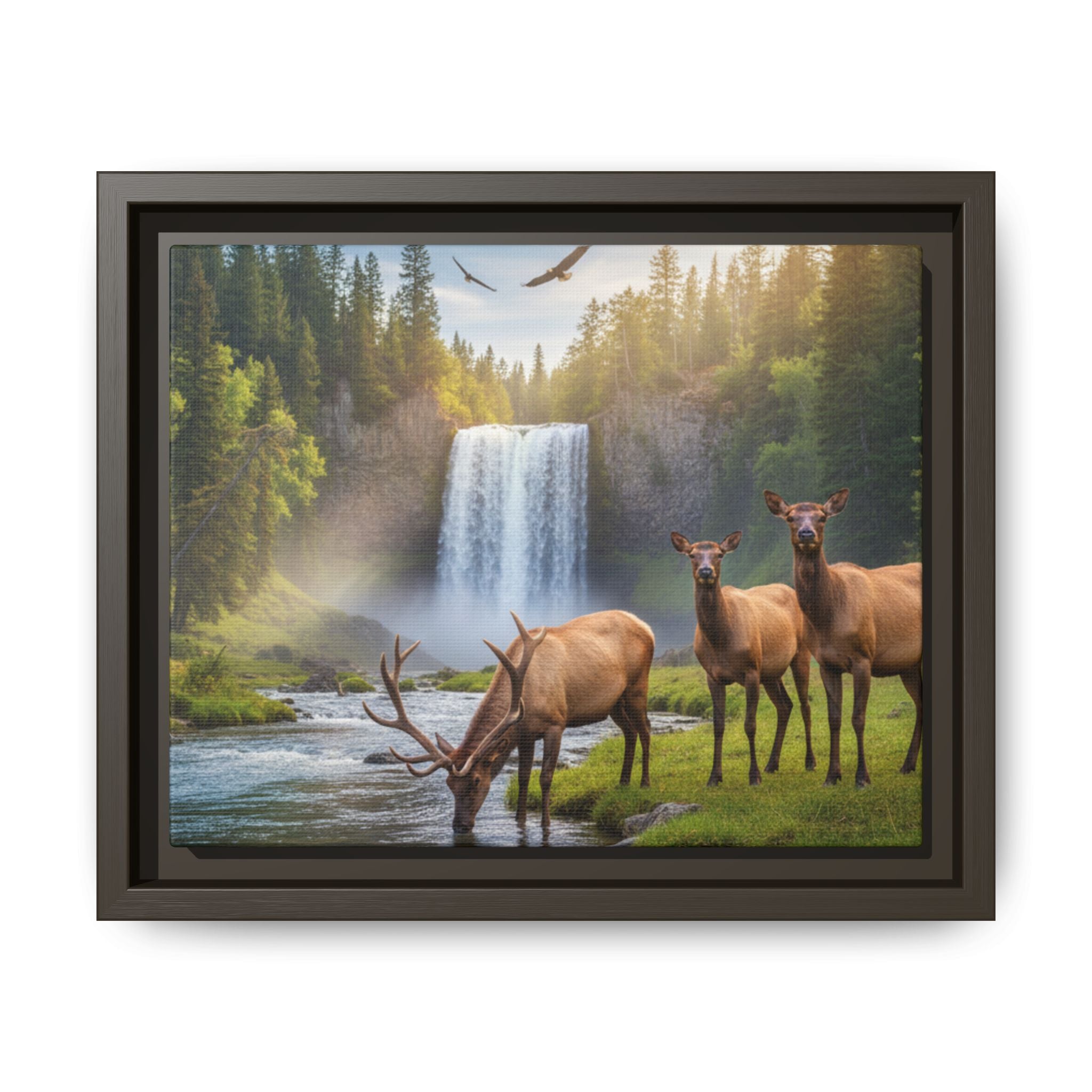 Waterfall Elk Forest Landscape Wall Art