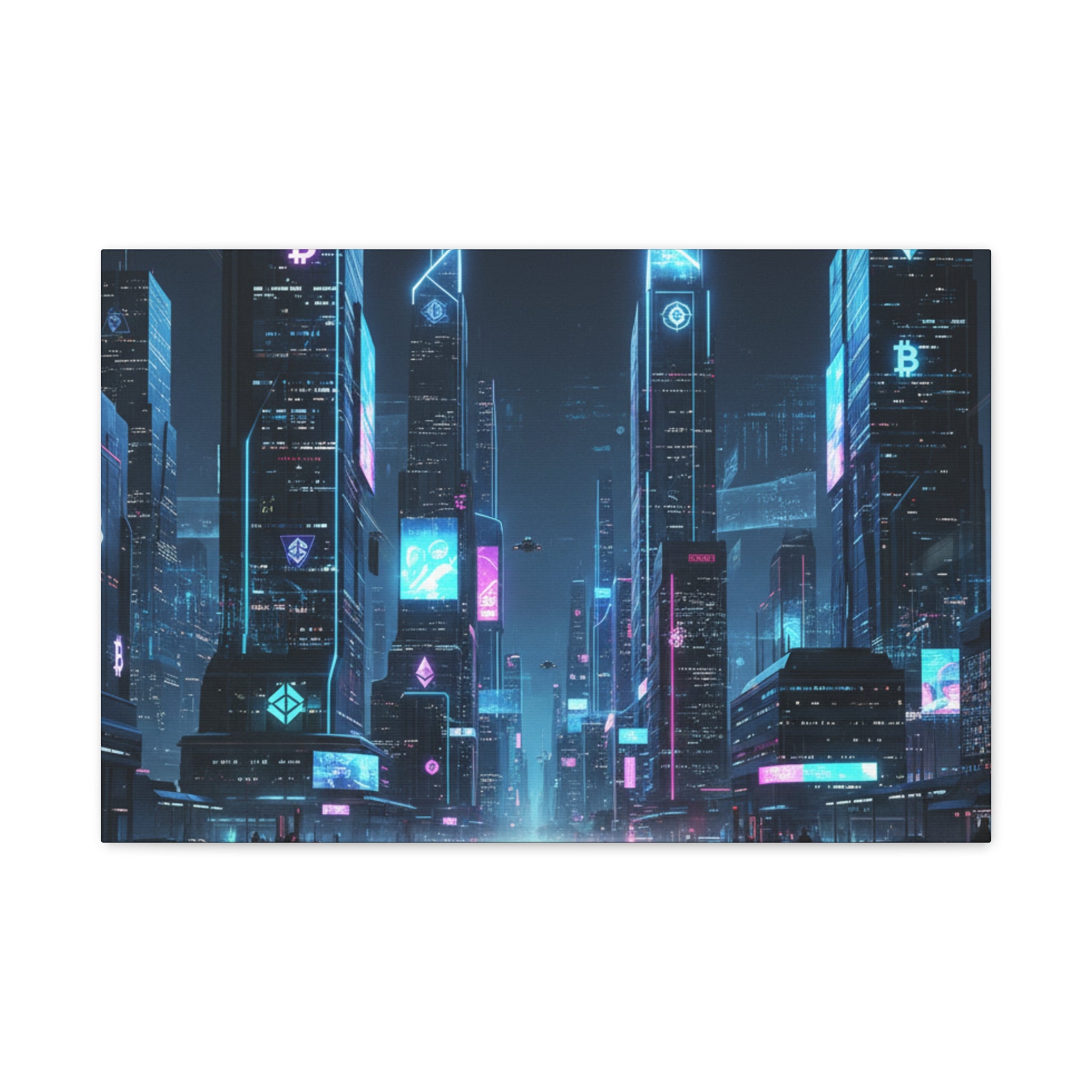 Cyberpunk Crypto Cityscape Canvas Print — Futuristic Neon Skyline Wall Art