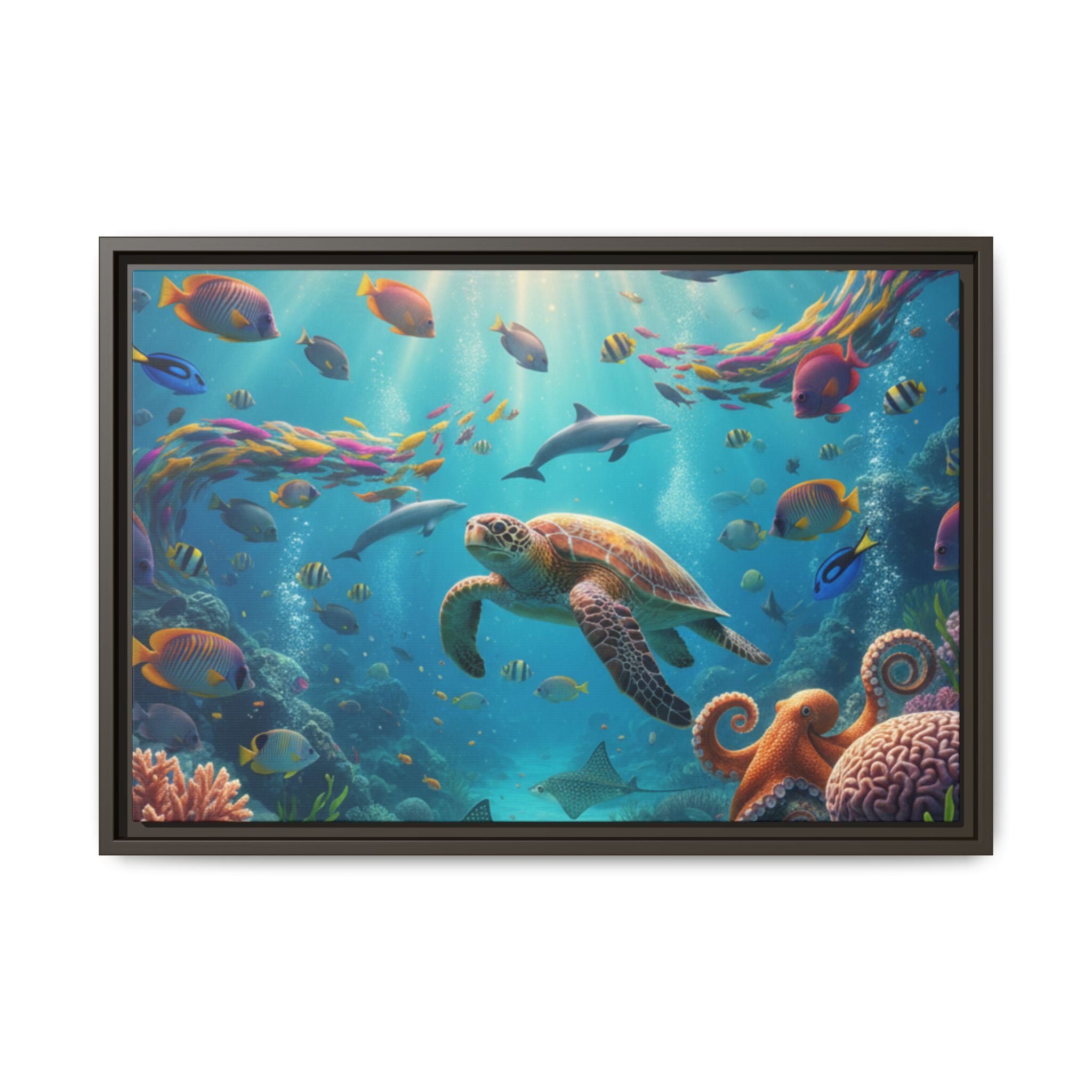 Framed Ocean Life Canvas — Colorful Sea Turtle Wall Art