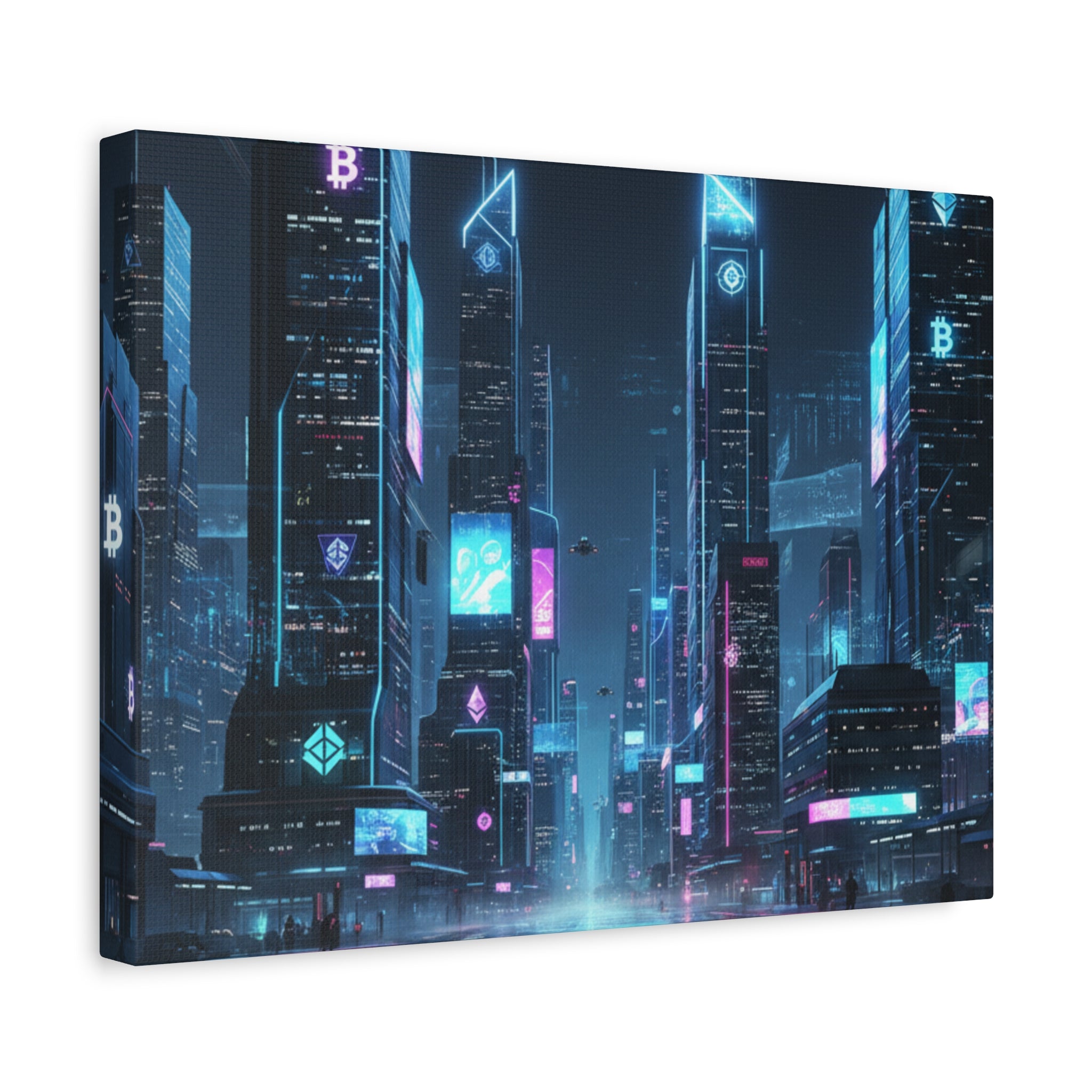 Cyberpunk Crypto Cityscape Canvas Print — Futuristic Neon Skyline Wall Art