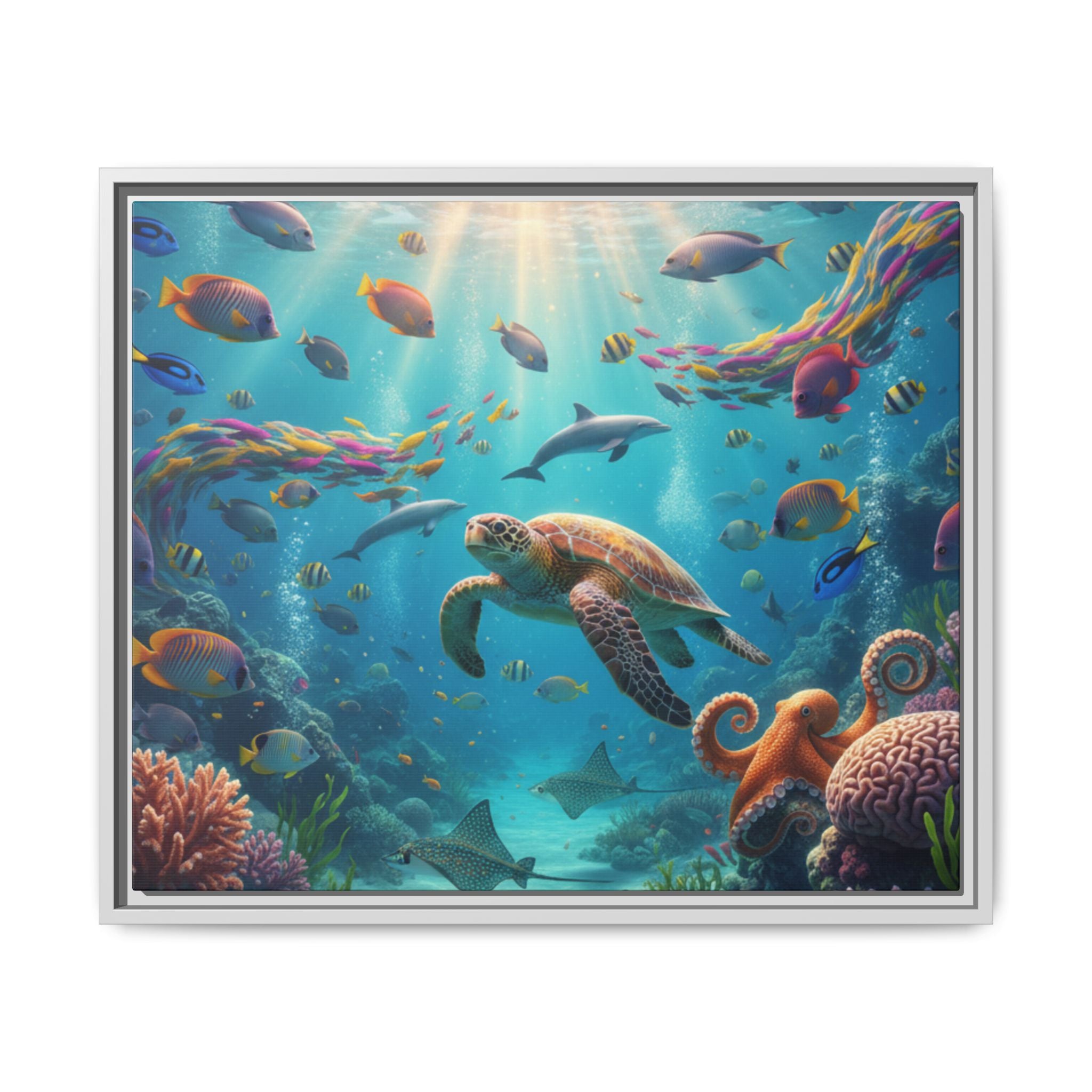 Framed Ocean Life Canvas — Colorful Sea Turtle Wall Art