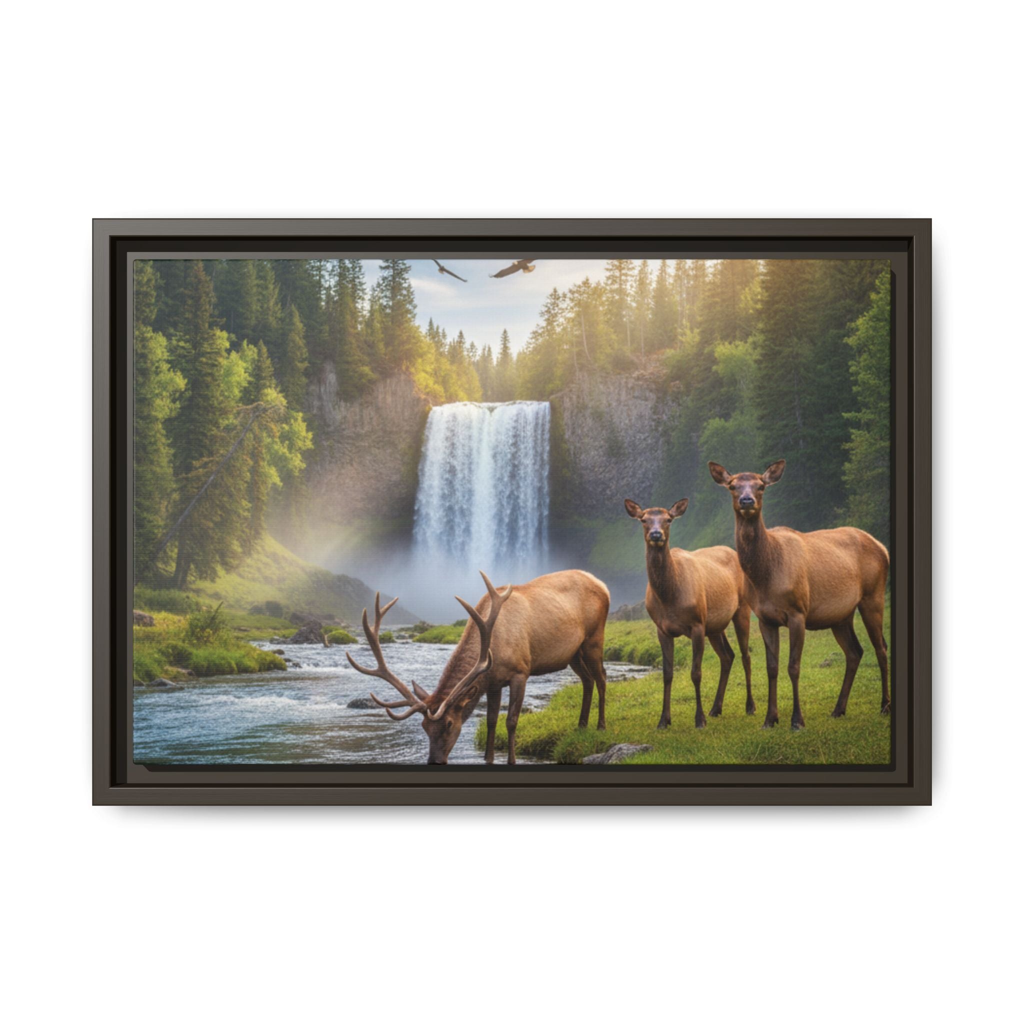 Waterfall Elk Forest Landscape Wall Art