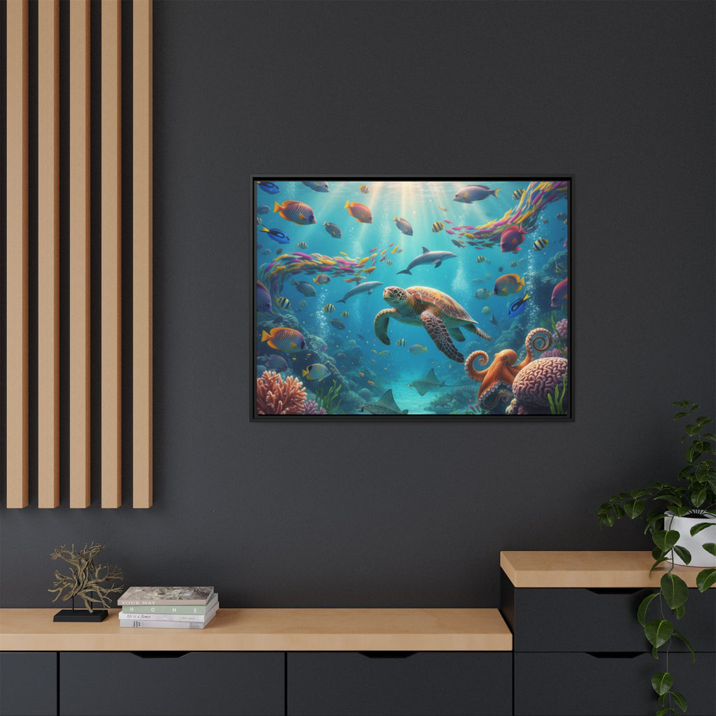 Framed Ocean Life Canvas — Colorful Sea Turtle Wall Art