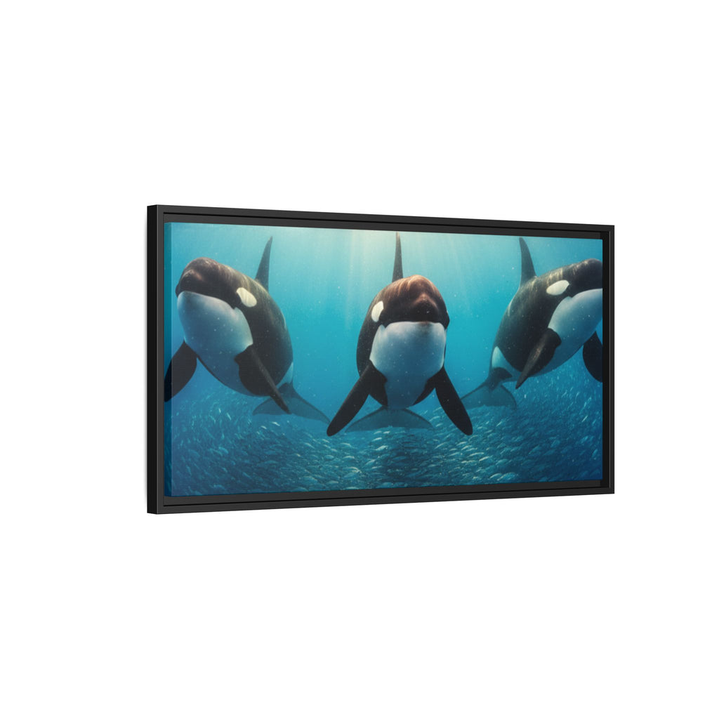 Framed Orca Canvas Print — Underwater Whale Pod Ocean Wall Art