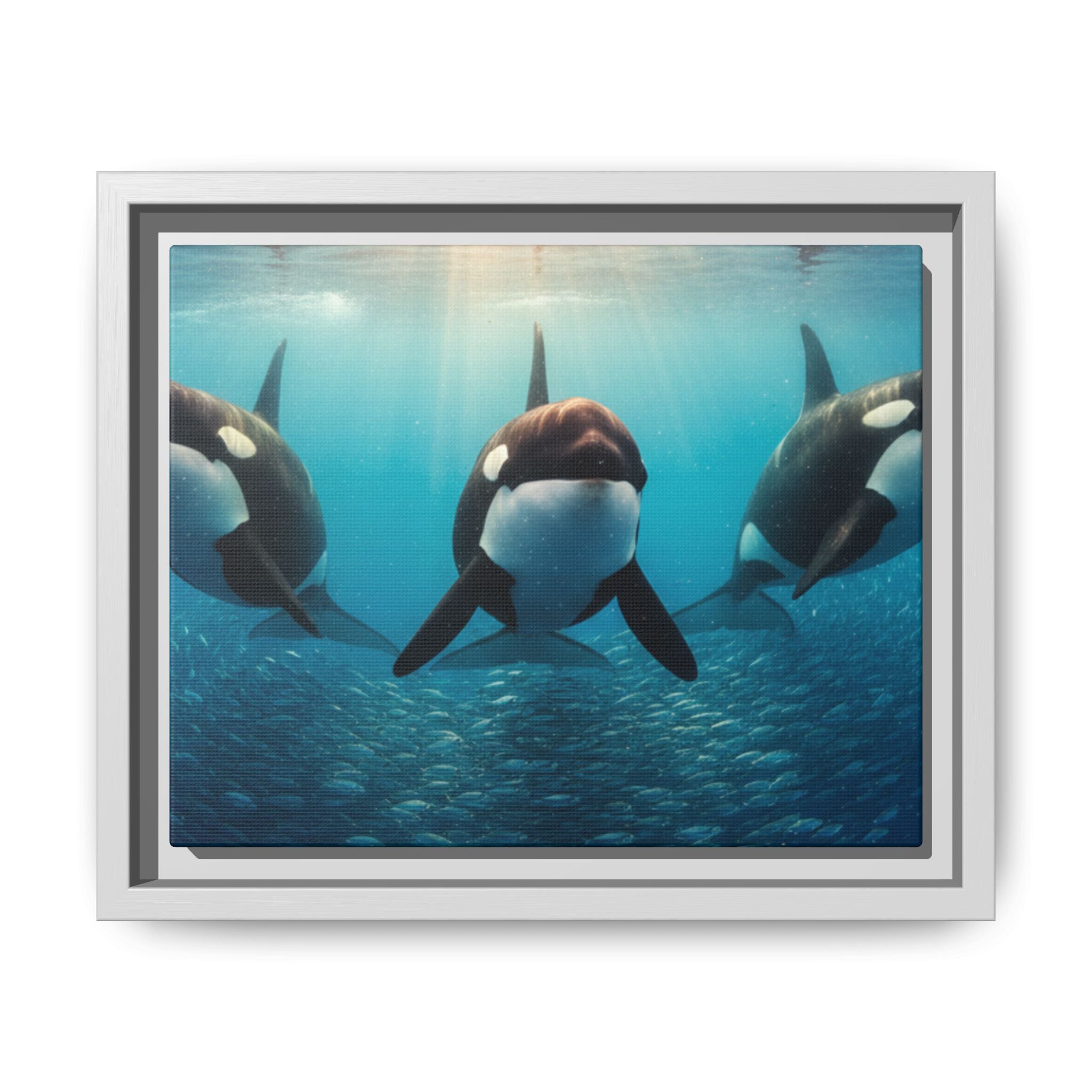 Framed Orca Canvas Print — Underwater Whale Pod Ocean Wall Art
